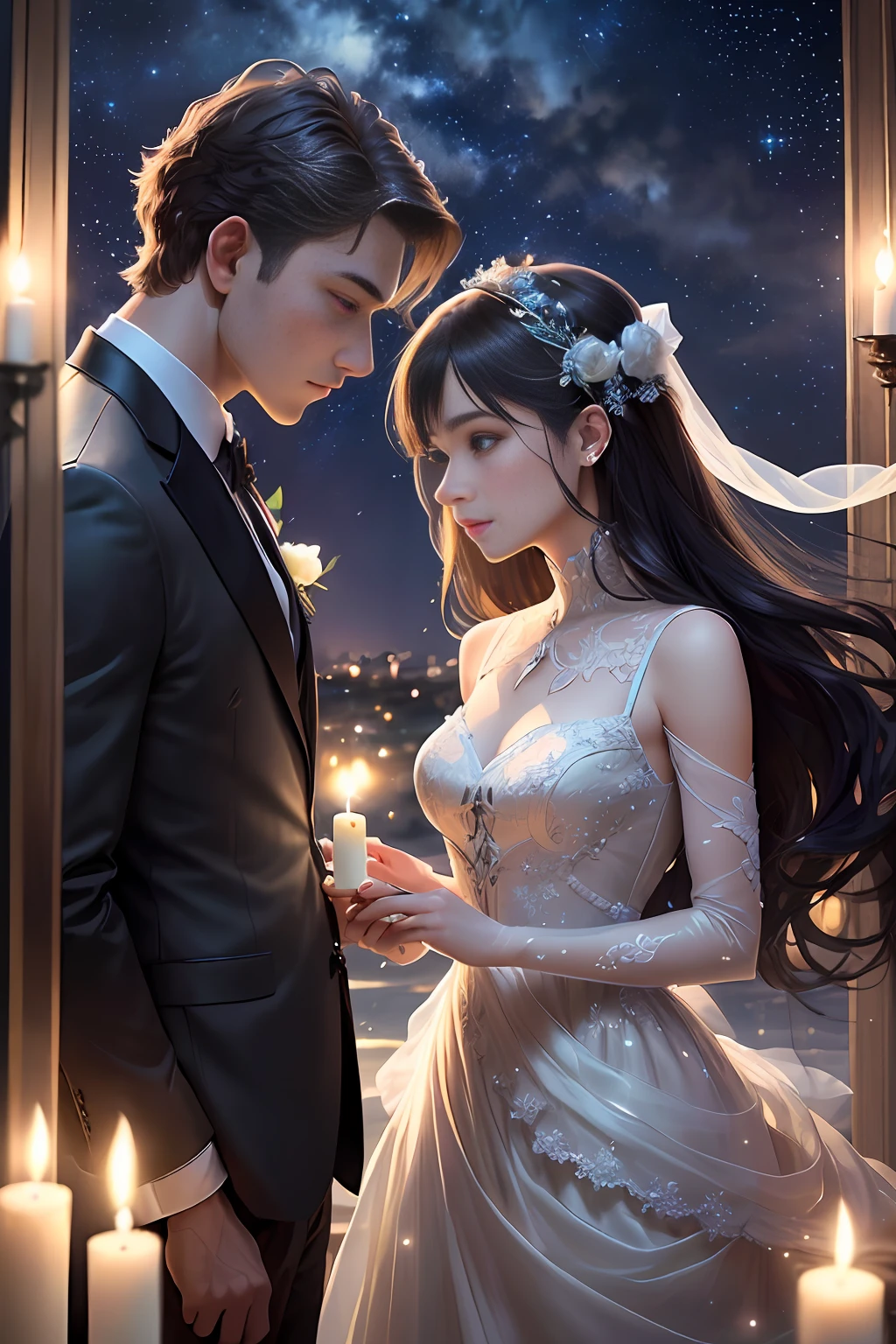 (masterpiece) | (best quality) | (ultra-detailed) | (best illumination) | (best shadow) | (an extremely delicate and beautiful) | floating | (1 couple) | (passionate expressions) | (detailed clothes) | (she:flowy dress, he:fitted suit) | (romantic background) | (night sky with stars) | (candles) | (soft lighting)