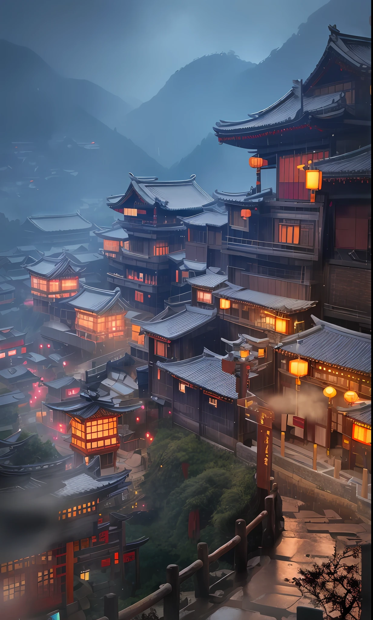 arafed view of a village with a lot of lights on the buildings, dreamy chinese town, chinese village, amazing wallpaper, japanese town, japanese village, hyper realistic photo of a town, old asian village, japanese city, by Raymond Han, rainy evening, cyberpunk chinese ancient castle, beautifully lit buildings, at evening during rain, beautiful and aesthetic, photography, cinematic, 8k, high detailed ((Heavy rain)))