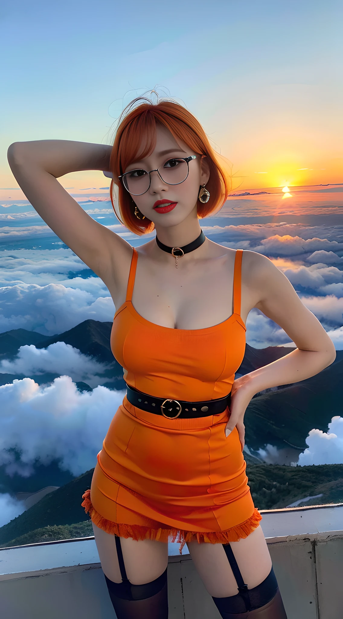 ((Best Quality, 8K, Masterpiece: 1.3)), 1 girl, : 16,lim Abs Beauty: 1.3, (Bob Orange Hairstyle Short, Fringe, Glasses, Big Breasts: 1.2), Skirt: 1.1, Dress: 1.1, Super Thin Face, Delicate Eyes, Double Eyelids, Smile, Dangerous, Torn Clothes, Garter Belt, Long Leg Sock Torn, Long Stocking on Arms, Earrings, Neck Belt, Orange Hair Color, Kpop, Crying, Above Clouds, Clouds, Stratosphere, Sunset, Angry, Sad, Dancing