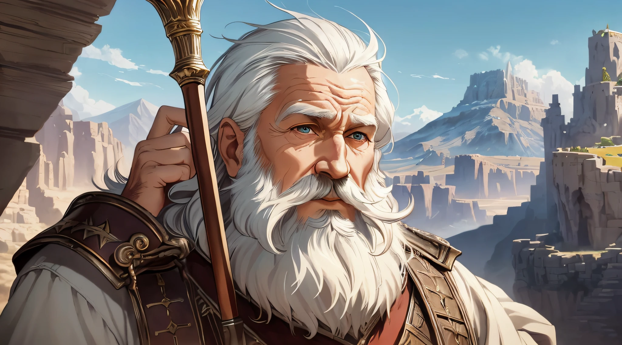 a man with a long white beard and a long white beard holding a staff, painted portrait of rugged odin, father time, old male archmage, epic rpg portrait, dwarf with white hair, greybeard, rpg portrait concept art, rpg portrait, detailed digital 2d fantasy art, fantasy rpg symmetrical portrait, portrait of merlin, silvain sarrailh