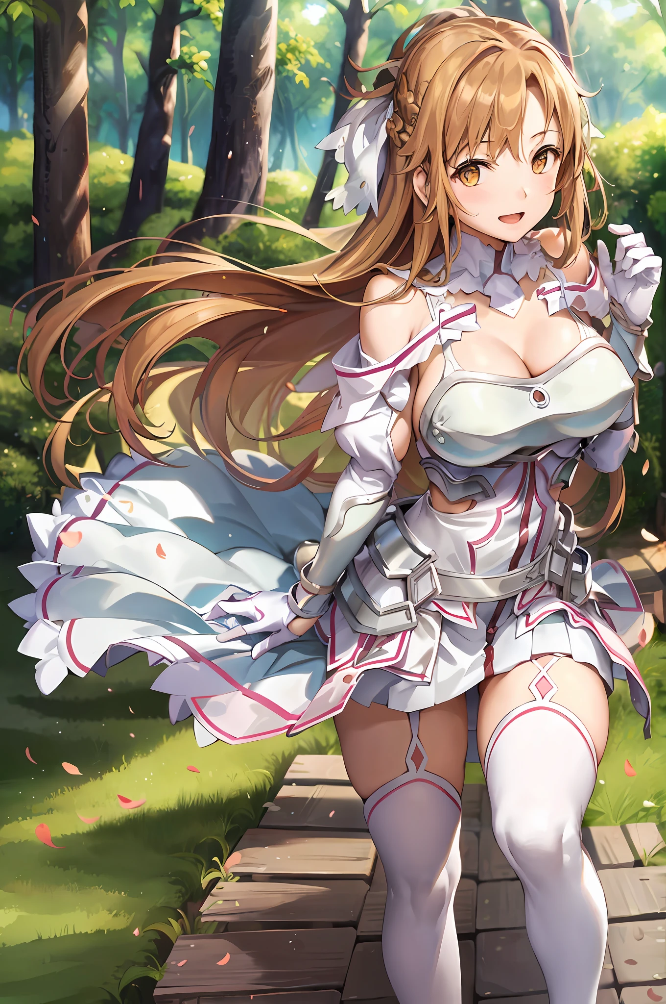 stacia, asuna, asuna_\(sao\), 1girl, (sexy pose:1.2), fantasy, highres,  original, realistic, expressive eyes, (excite), scenery,  close_up, upper_body, (standing on a grass), smiling, solo, (potruding nipple:1.2), long hair, (huge breasts:1.0), looking at viewer, smile, open mouth, bangs ,detailed eyes, beautiful background, (on the forrest), hands on the chest, orange hair, thighhighs, gloves, dress, (cleavage:1.4), (grab tits:1.6), bare shoulders, brown eyes, very long hair, (full body:1.5), white gloves,  white dress, (open chest:1.5), armor, white thighhighs, garter straps, breeze, white armor,  abec