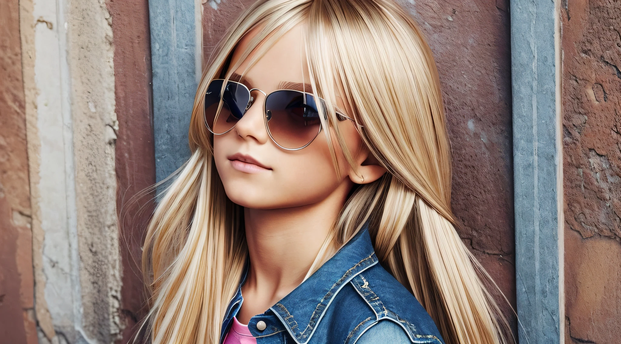 10 year old blonde girl long and straight hair with fashion sunglasses. and fashion jeans, photorealistic clothing. --auto --s2