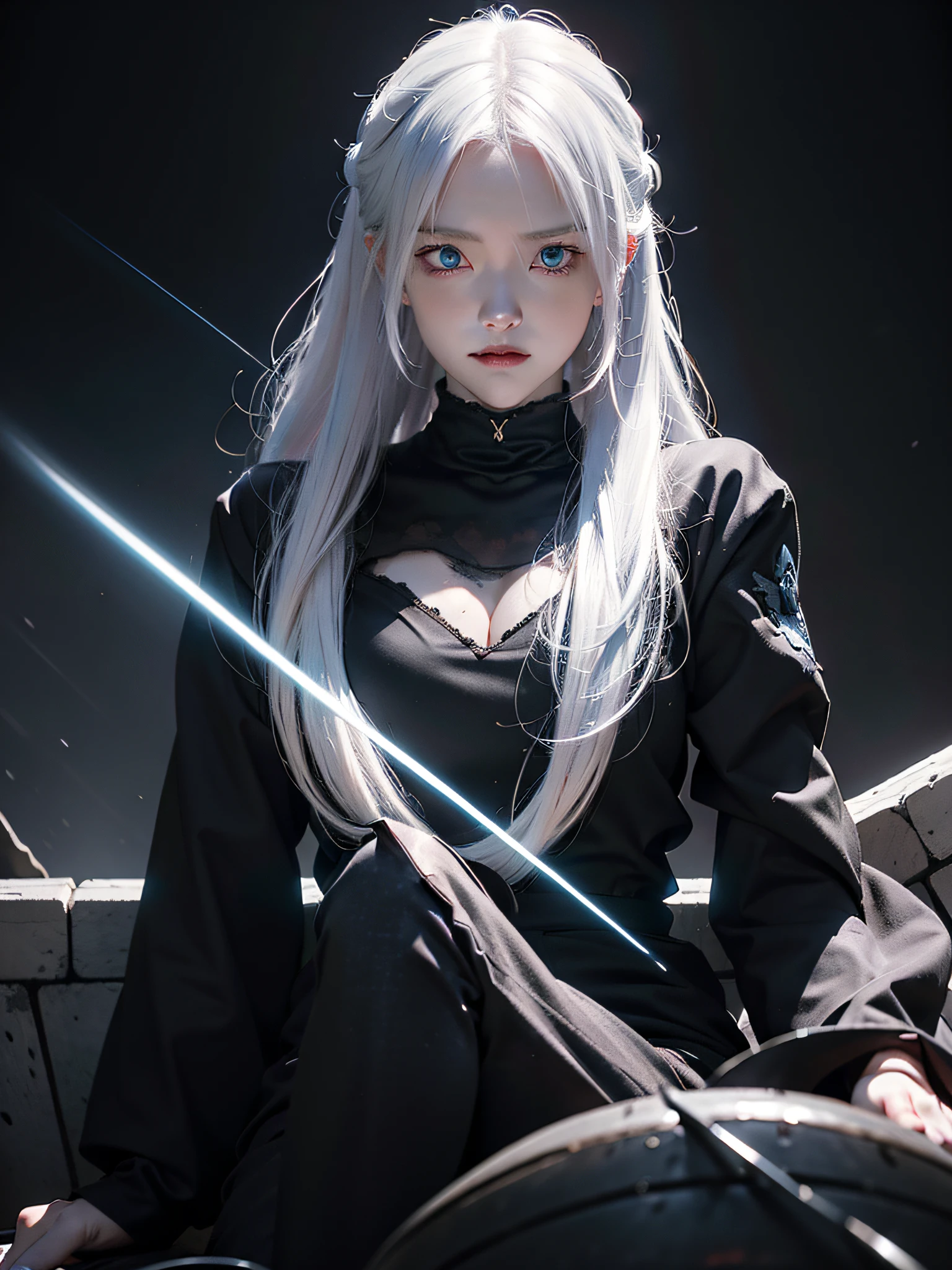 anime character with white hair and blue eyes in a dark room, an anime drawing by Shitao, pixiv contest winner, auto-destructive art, badass anime 8 k, best anime 4k konachan wallpaper, ufotable art style, with red glowing eyes, with glowing red eyes, white haired, evil smile and glowing eyes, anime style 4 k