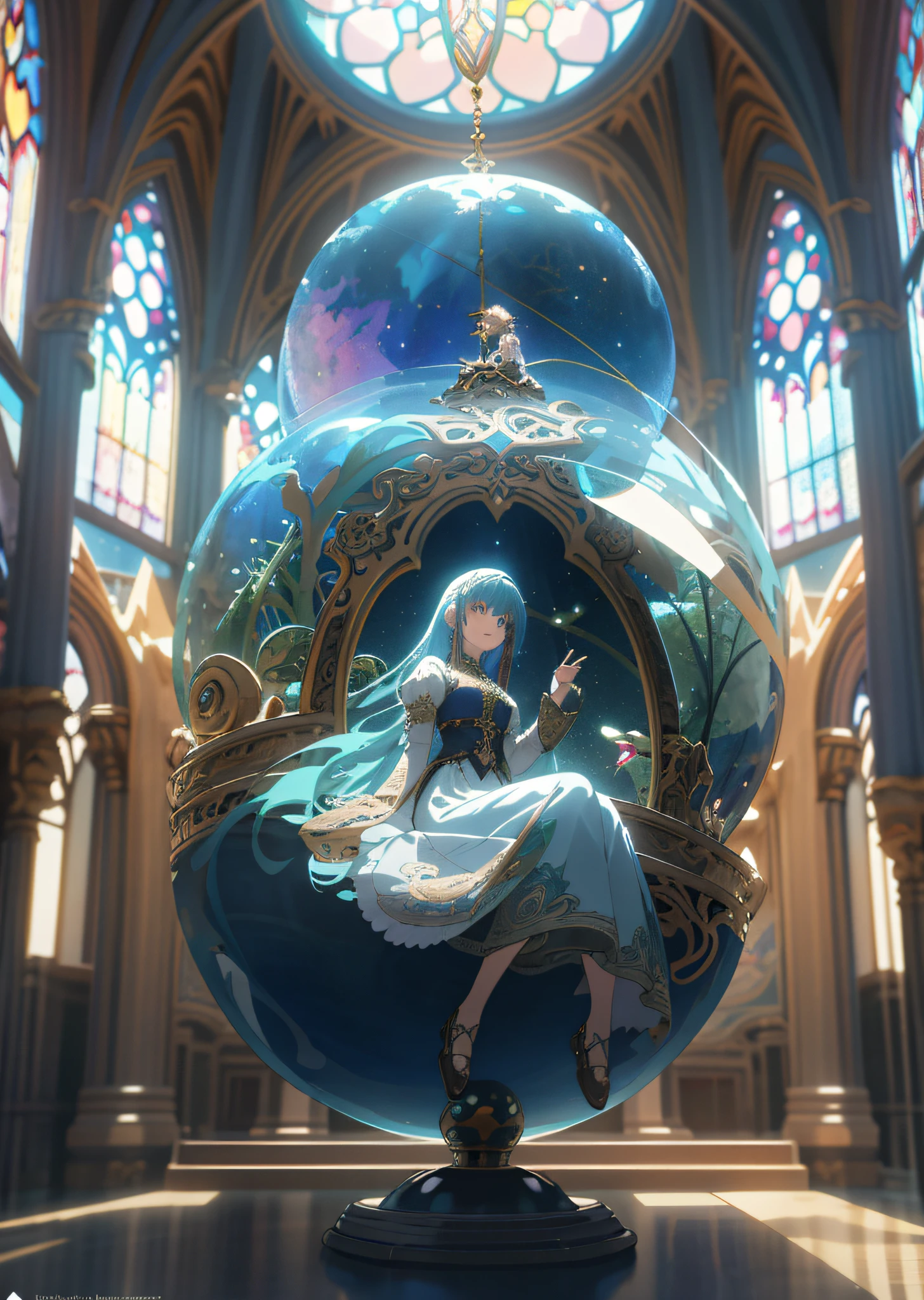 a woman sitting on a large glass globe in a church, intricate ornate anime cgi style, anime fantasy artwork, anime fantasy illustration, detailed anime artwork, 2. 5 d cgi anime fantasy artwork, square enix cinematic art, elaborate digital art, beautiful fantasy anime, anime art nouveau cosmic display, detailed digital anime art, trending on artstation pixiv, anime epic artwork