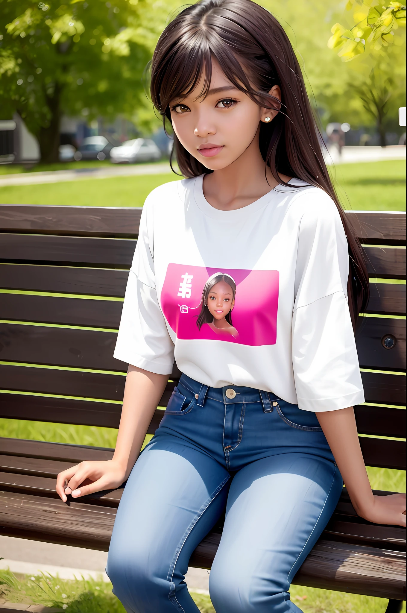 realism portrait of a cute little girl ((dark brown skin color)) drinking coffee, African American, ((chibi)), cute smile, ((sitting on a park bench)), wearing white T-shirt and jeans, current fashion, long hair mega hair, ((kanekalon)), background dark lighting, close-up, product view, detailed facial details, perfect face, sharpness, trend art, sharp facial details, cgsociety, ultra high quality digital art , exquisite hyper details, 4k, 8k soft lighting, dreamy --iso 100, fashion -