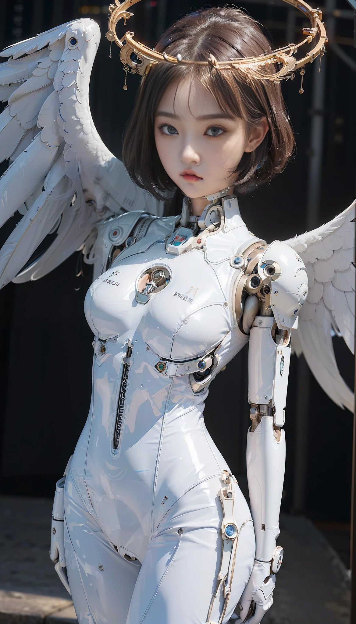 (best quality:1.6), (masterpiece:1.4), intricate detailed, (cute gorgeus luxurious 20 years old korea girl:1.3), (1girl:1.3), (detailed sky:1.2), (wearing white latex bodysuit:1.3), angel, agelwings, (cybernetic halo:1.3), (small head:1.4), (large breast:1.2), detailed eyes detailed pupils multiple eyes,
