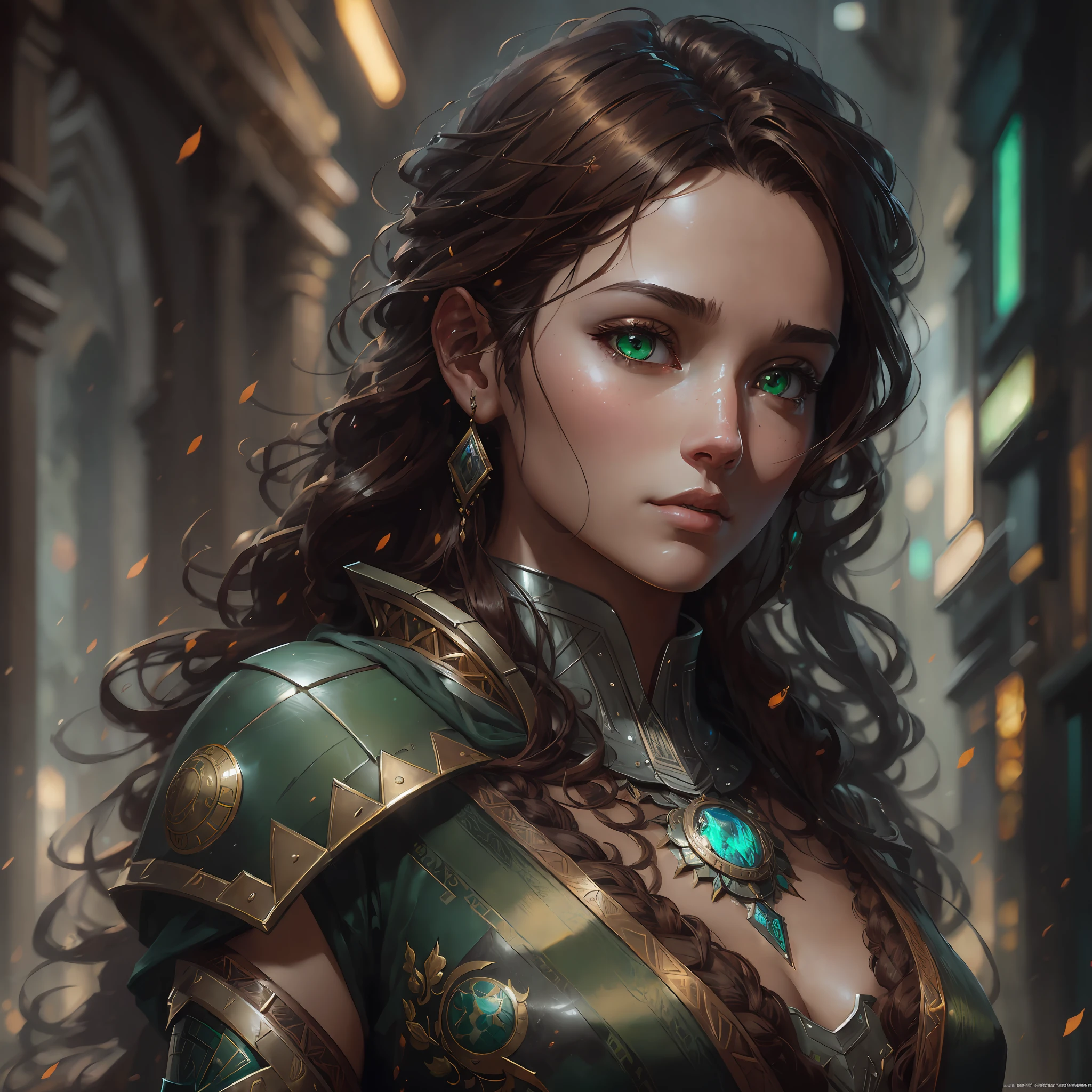 modelshoot style, (extremely detailed CG unity 8k wallpaper), body photo of the most beautiful artwork in the world, medieval ranger armor, body portrait, reddish brown long curly full hair female, dark brown skin, green eyes, professional majestic oil painting by Ed Blinkey, Atey Ghailan, Studio Ghibli, by Jeremy Mann, Greg Manchess, Antonio Moro, trending on ArtStation, trending on CGSociety, Intricate, High Detail, Sharp focus, dramatic, photorealistic painting art by midjourney and greg rutkowski --auto --s2