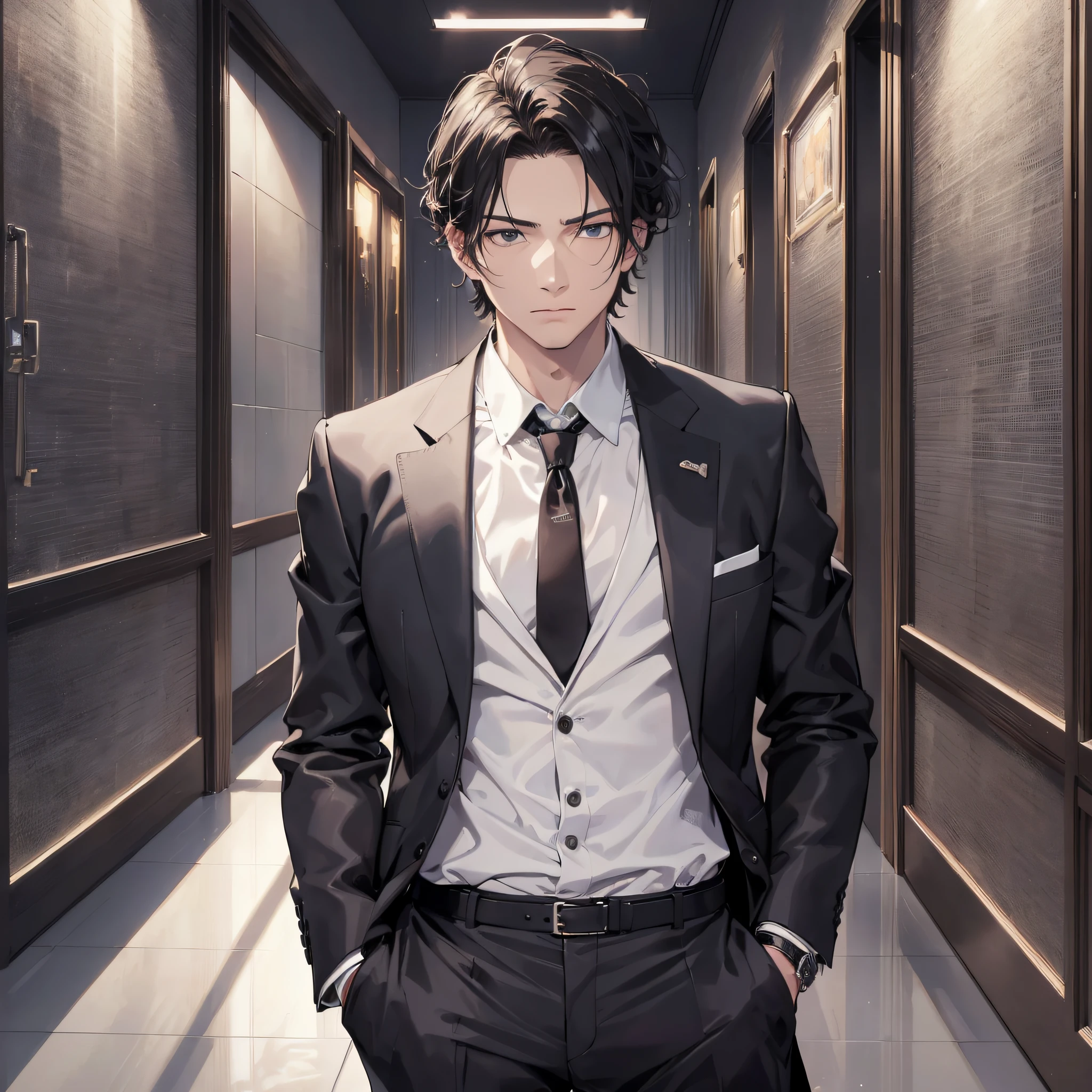 Absurd resolution, high resolution, (masterpiece: 1.4), hyperdetail, 1boy, face focus, mature man, successful person, black suit, jacket, white shirt, luxury meeting room, serious and cold expression
