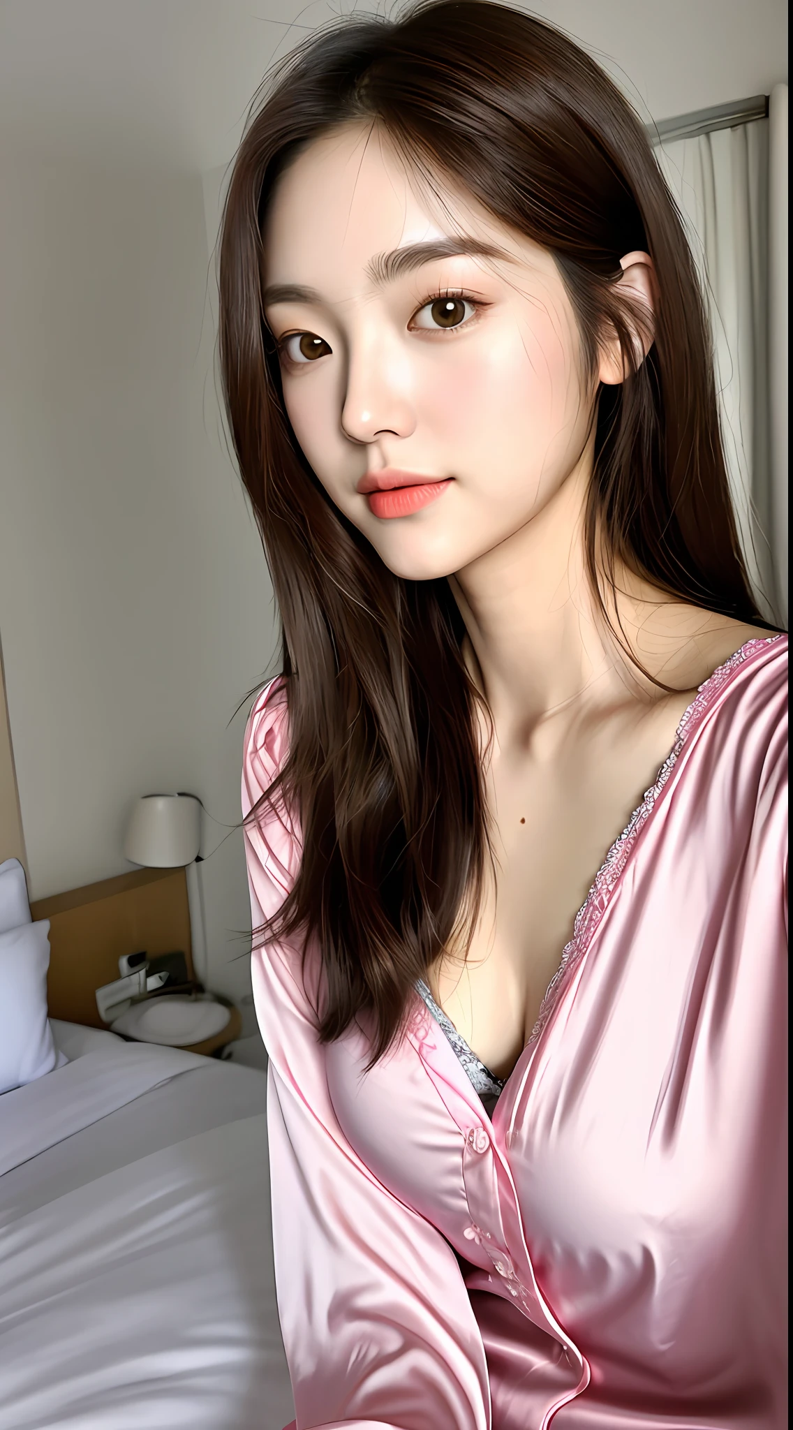 realistic photos of (1 cute Korean star) Shoulder-length hair, thin makeup, medium breasts size, camisole pyjamas, selfie, clear facial features of Canon EOS, 8K high resolution, sharp and realistic details.