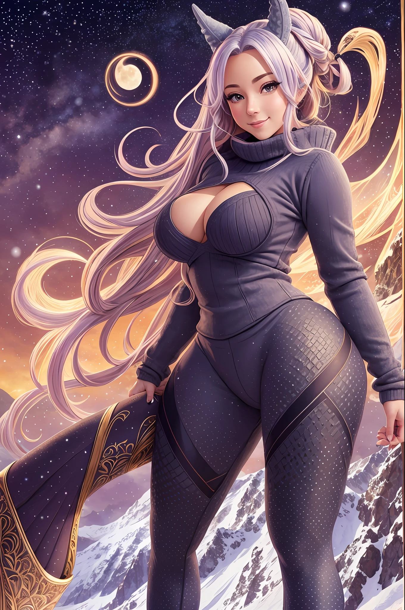leggings, sweater, full body, ass focus, stunning intricate full color portrait, epic character composition, portrait of beautiful smiling woman, snow-covered mountain,  large ass, anime absurdres illustration, drawing, (lineart:0.6), --s2