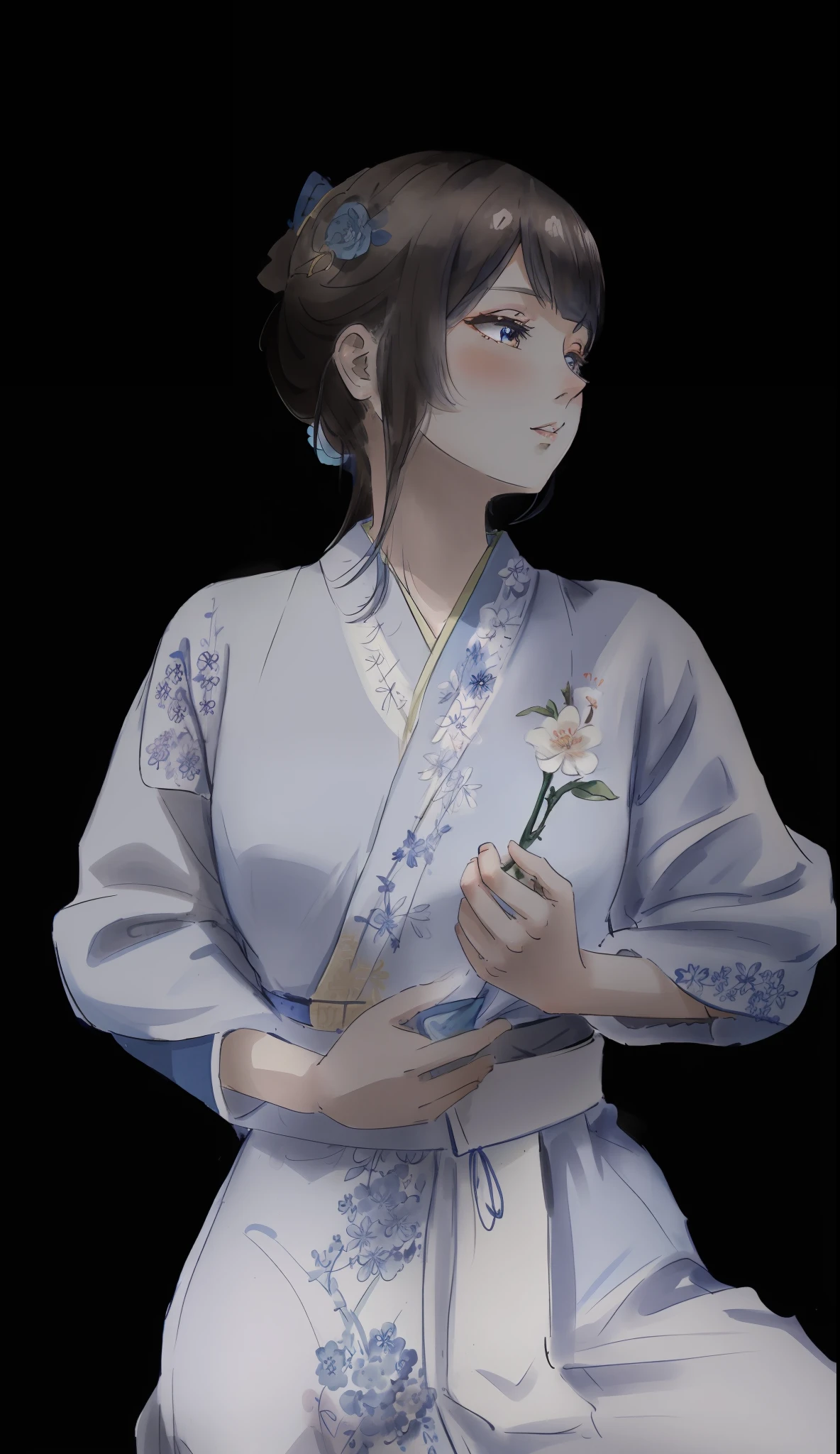Sleeping, there is a woman in a blue robe holding a flower, highly detailed kimono, inspired by Shen Shizhen, pale and colorful kimono, highly detailed costume really renders clothing, very detailed and rich costumes, with ancient Chinese clothing, fantastic designer 3d rendering, April rendering, smooth 3d CG rendering, flowing realistic fabrics, elegant yukata outfit