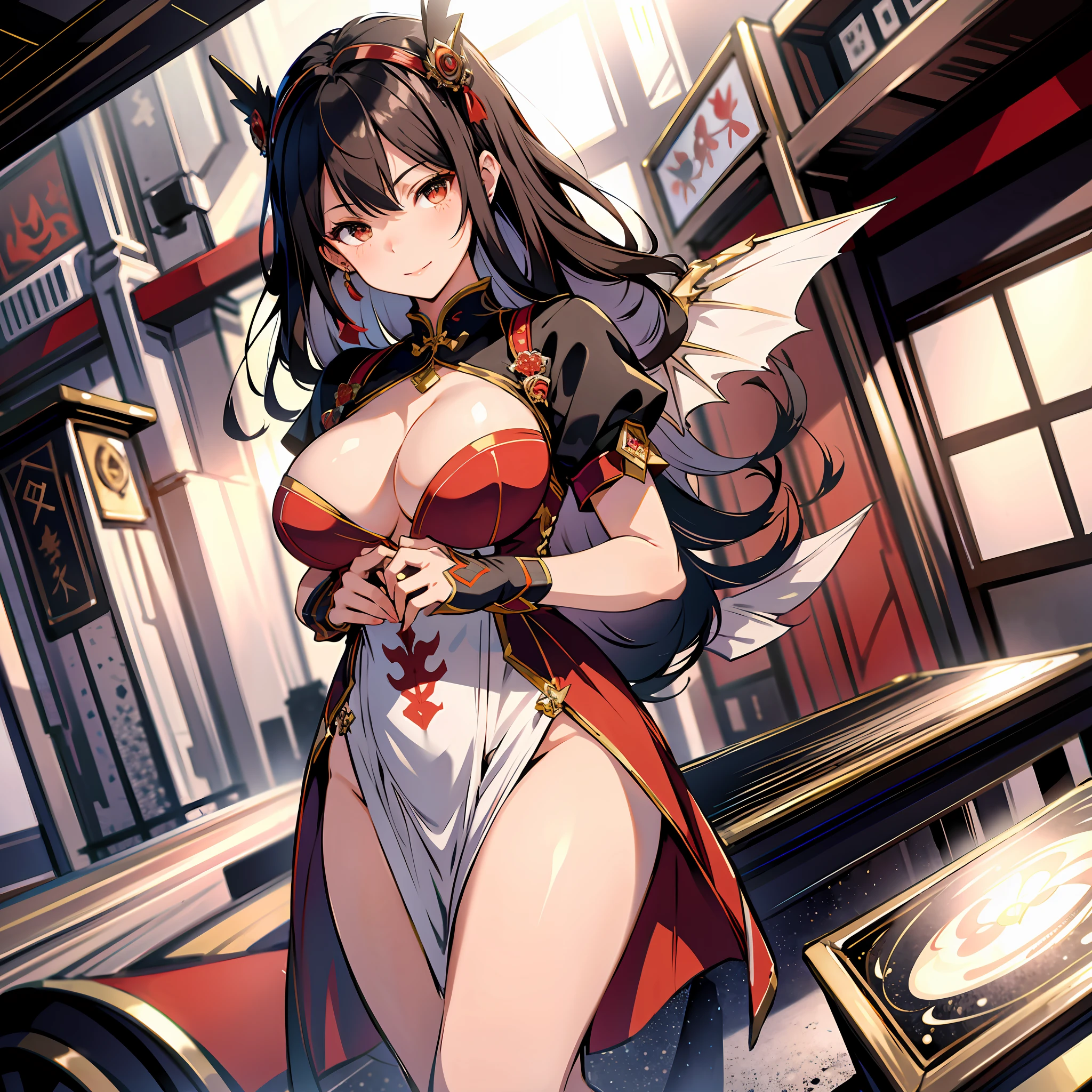 absurd res, high res, (masterpiece:1.4), ultra-detailed, 1girl, from below, space, floating, red Chinese dress, red dress, black stockings, light brown hair, yellow eyes, hands out of frame, Yandere face, yandere smirk, psychopathic smile, psychopathic smirk, dragon wings, yandere, full body, flying, big breasts, cleavage, Chinese dress, large breasts, focus on cleavage, holding breasts, lifting breasts