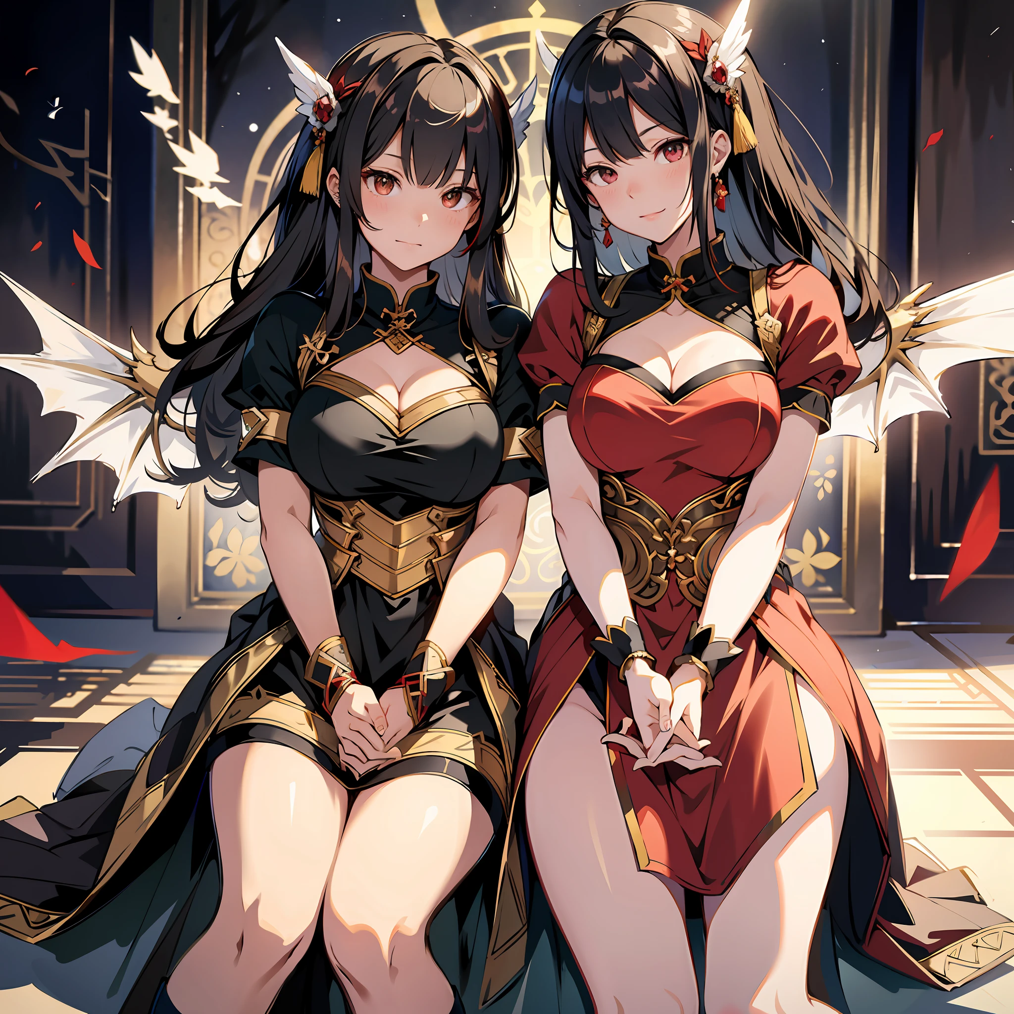 absurd res, high res, (masterpiece:1.4), ultra-detailed, 1girl, from below, space, floating, red Chinese dress, red dress, black stockings, light brown hair, yellow eyes, hands out of frame, Yandere face, yandere smirk, psychopathic smile, psychopathic smirk, dragon wings, yandere, full body, flying, big breasts, cleavage, Chinese dress, large breasts, focus on cleavage, holding breasts, lifting breasts