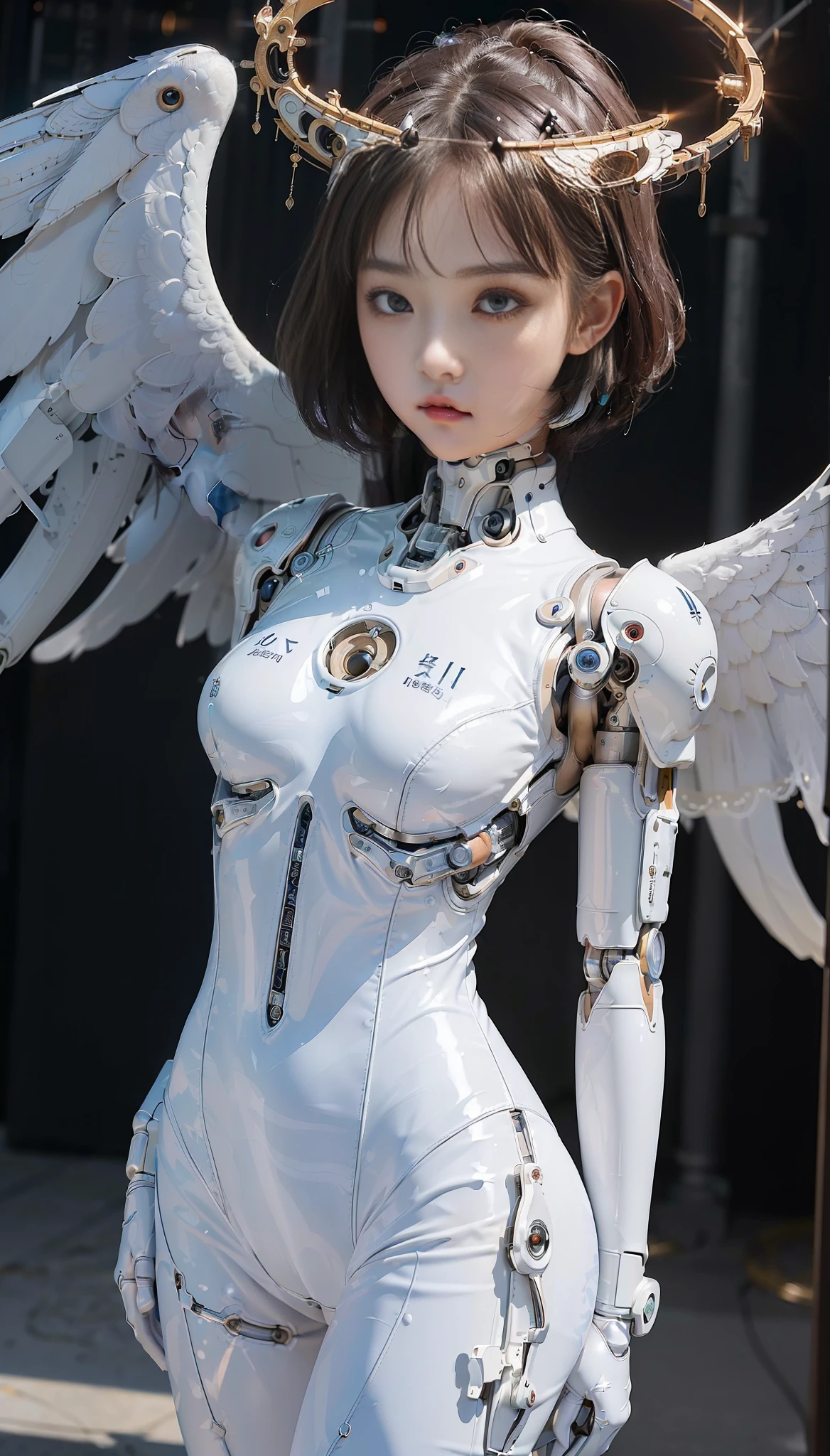 (best quality:1.6), (masterpiece:1.4), intricate detailed, (cute gorgeus luxurious 20 years old korea girl:1.3), (1girl:1.3), (detailed sky:1.2), (wearing white latex bodysuit:1.3), angel, agelwings, (cybernetic halo:1.3), (small head:1.4), (large breast:1.2), detailed eyes detailed pupils multiple eyes,