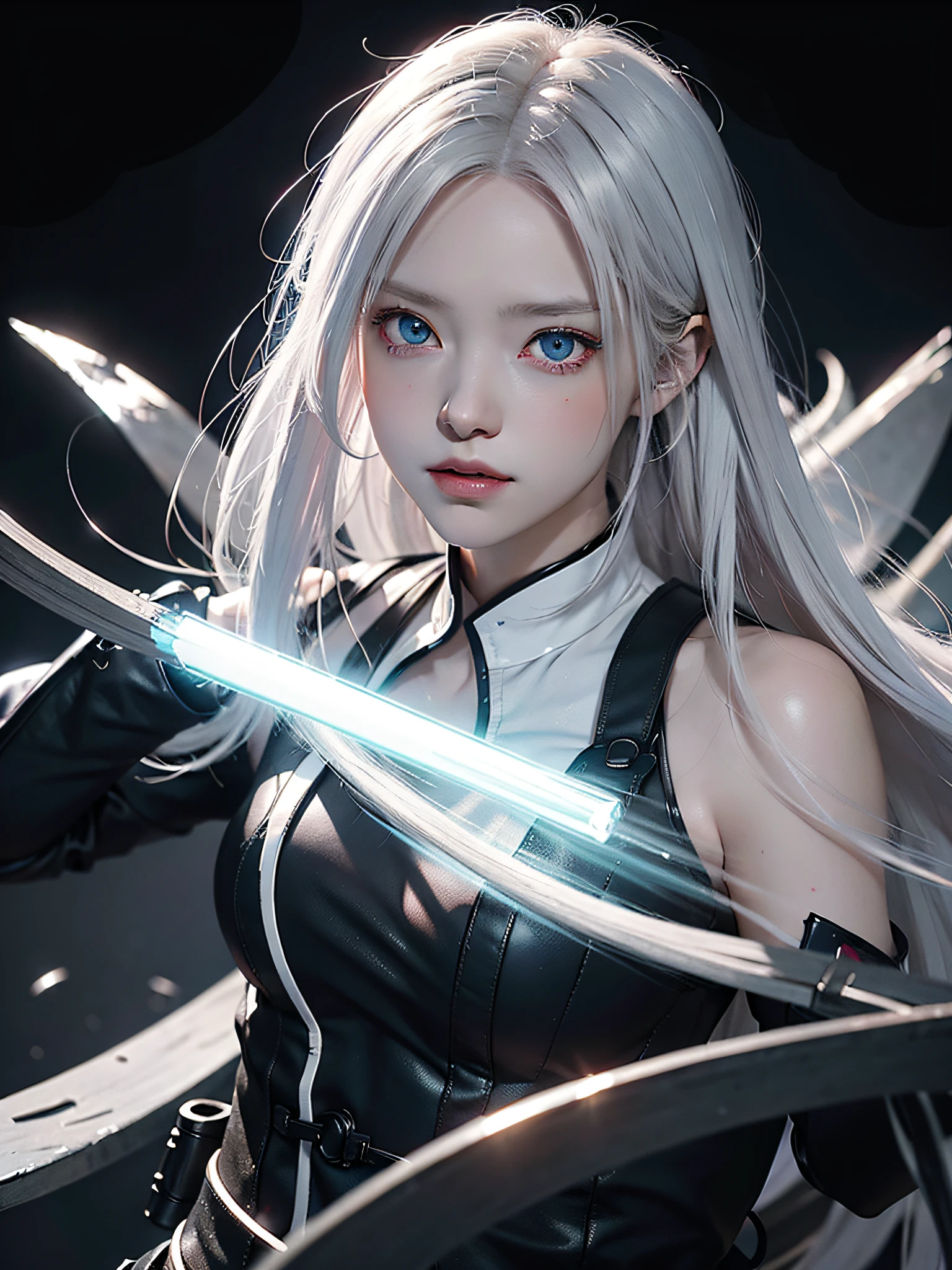 anime character with white hair and blue eyes in a dark room, an anime drawing by Shitao, pixiv contest winner, auto-destructive art, badass anime 8 k, best anime 4k konachan wallpaper, ufotable art style, with red glowing eyes, with glowing red eyes, white haired, evil smile and glowing eyes, anime style 4 k