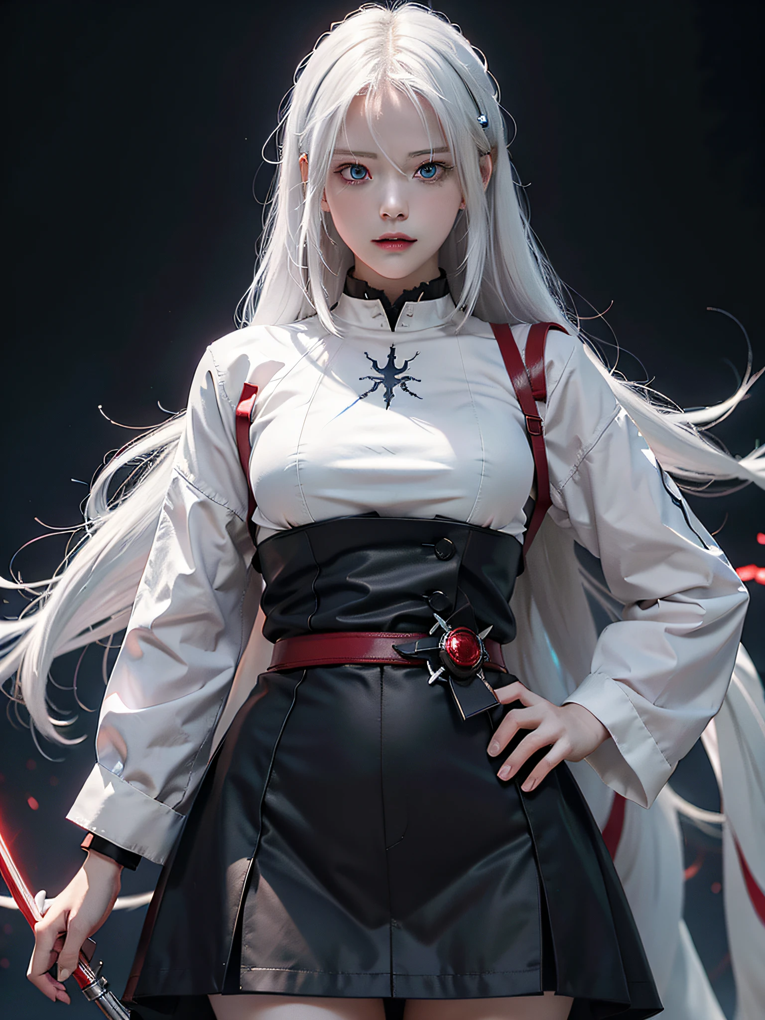 anime character with white hair and blue eyes in a dark room, an anime drawing by Shitao, pixiv contest winner, auto-destructive art, badass anime 8 k, best anime 4k konachan wallpaper, ufotable art style, with red glowing eyes, with glowing red eyes, white haired, evil smile and glowing eyes, anime style 4 k