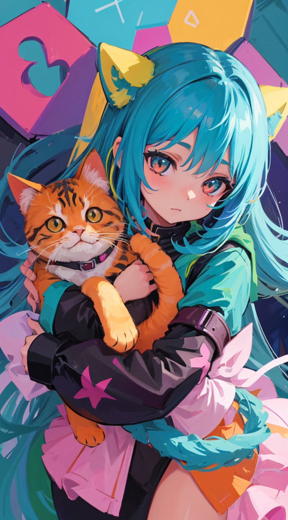 Girl with a cat, beautiful, colorful, cute, adorable, 8k, super detail, ccurate, best quality, high quality, highres, high details, textured skin, anatomically correct, masterpiece