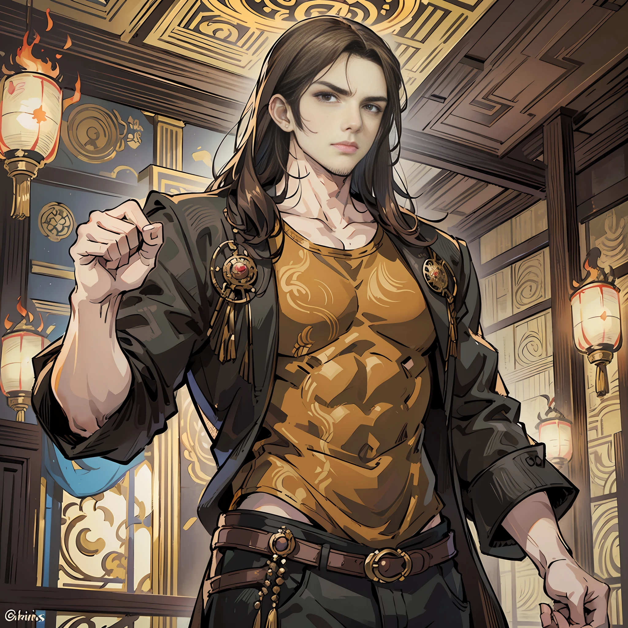 masterpiece, image of a tall, strong man, long brown hair, brown eyes, wearing a casual black blouse, with gauze wrapped around his arms, invoking flames in his right fist, confident expression on his face, setting of a palace hall in the style of Final Fantasy XV as a background, the art should be style The King of Fighters XV --auto --s2