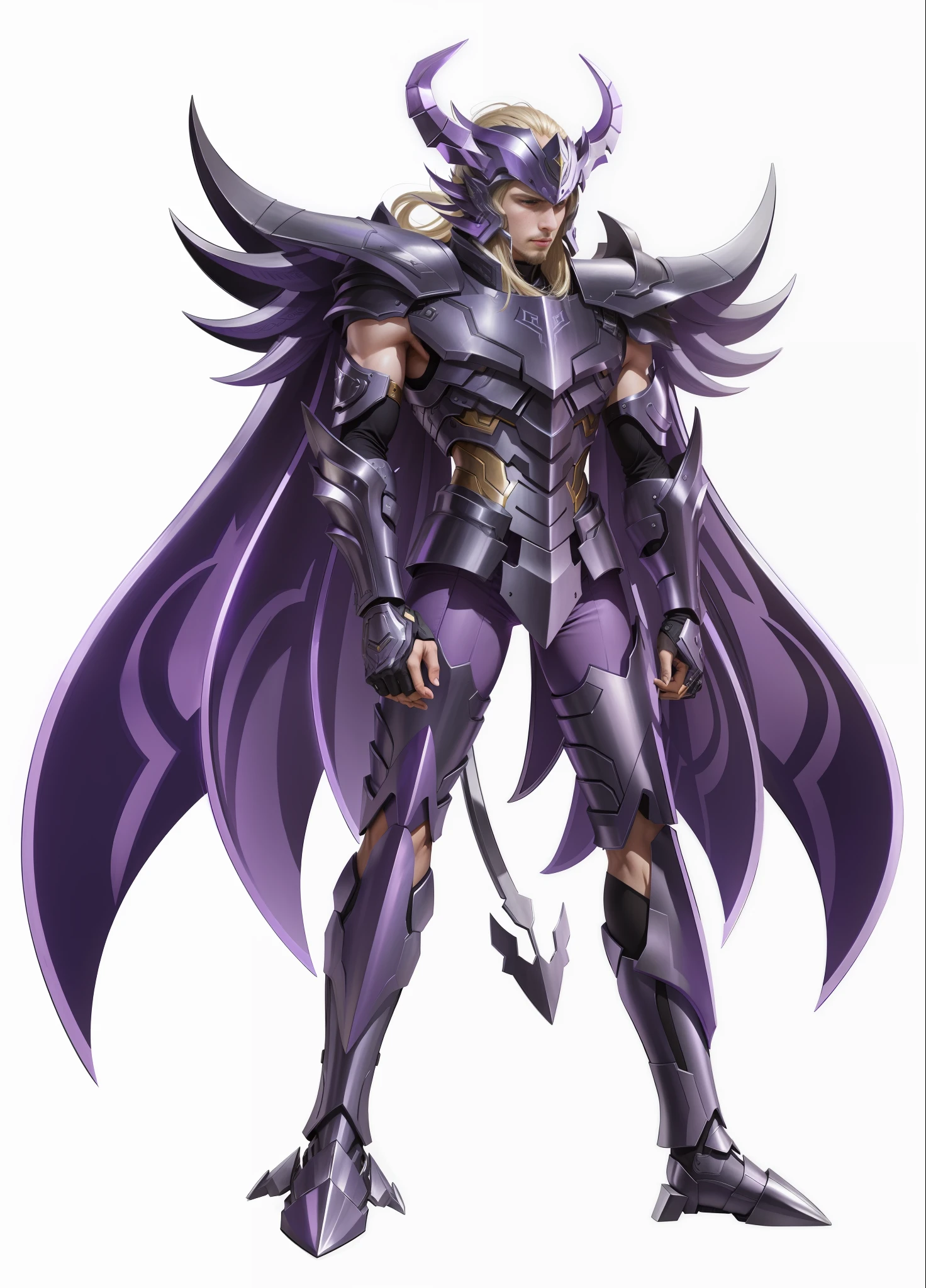 A man in purple armor, strong, fierce expression, purple gorgeous armor, strong metallic luster texture, full protective helmet, blonde hair, metal wings on the back, full body, light, white background, perfect fingers, Saint Seiya style