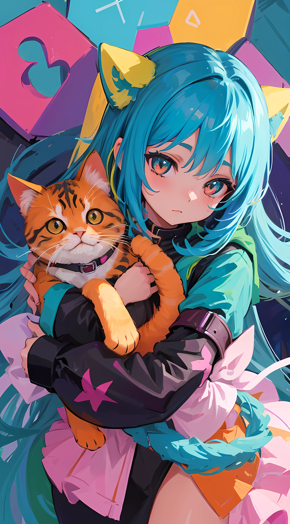 Girl with a cat, beautiful, colorful, cute, adorable, 8k, super detail, ccurate, best quality, high quality, highres, high details, textured skin, anatomically correct, masterpiece
