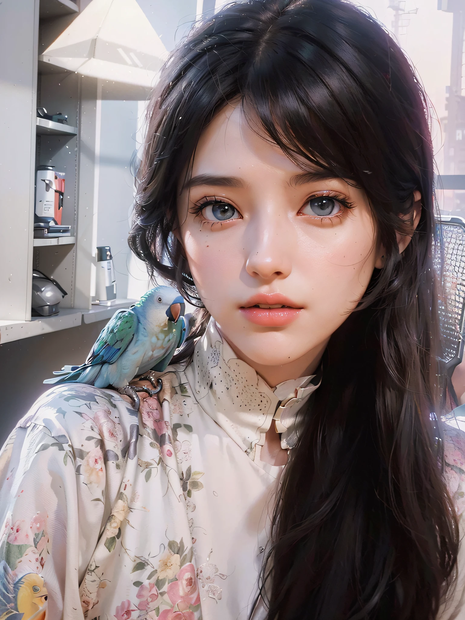 (Best Quality), ((Masterpiece), (Detail: 1.4), 3D, A Beautiful Cyberpunk Woman, HDR (High Dynamic Range), Ray Tracing, NVIDIA RTX, Super-Resolution, Unreal 5, Subsurface Scattering, PBR Textures, Post-Processing, Anisotropic Filtering, Depth of Field, Maximum Sharpness and Clarity, Multi-layer Textures, Albedo and Highlight Maps, Surface Shading, Accurate simulation of light-material interactions, perfect proportions, Octane Render, two-color light, large aperture, low ISO, white balance, rule of thirds, 8K RAW, a parrot on the shoulder