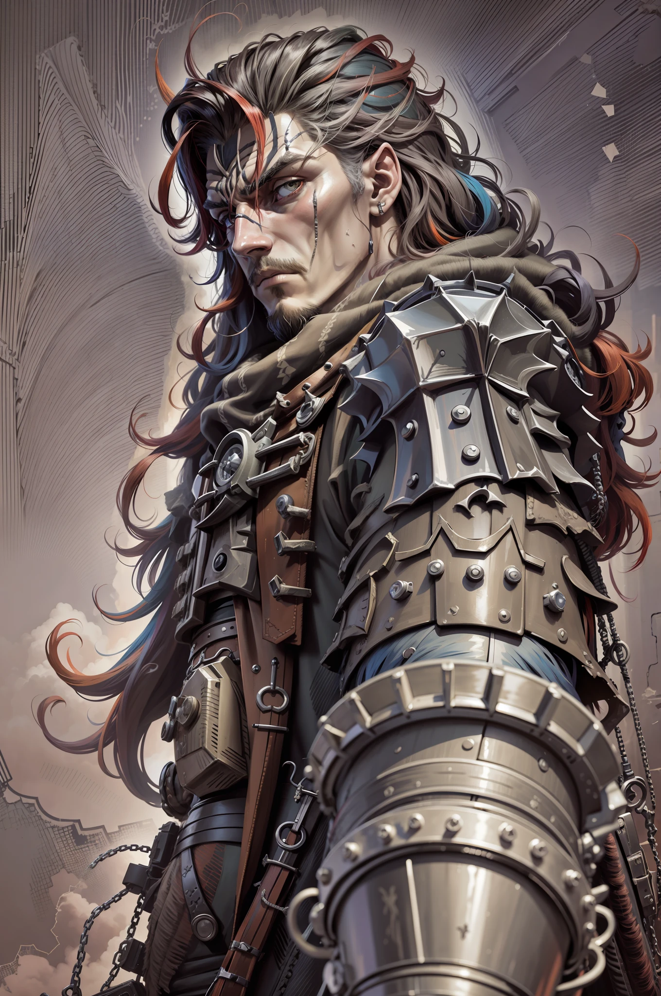 A gritty male overlord, multicolored hair, very long hair, Ghibli-like colours, Surrealism, Gothic art, Romanticism, chiaroscuro, halftone, cowboy shot, from side, Sony FE GM, masterpiece, UHD, award winning, 16k