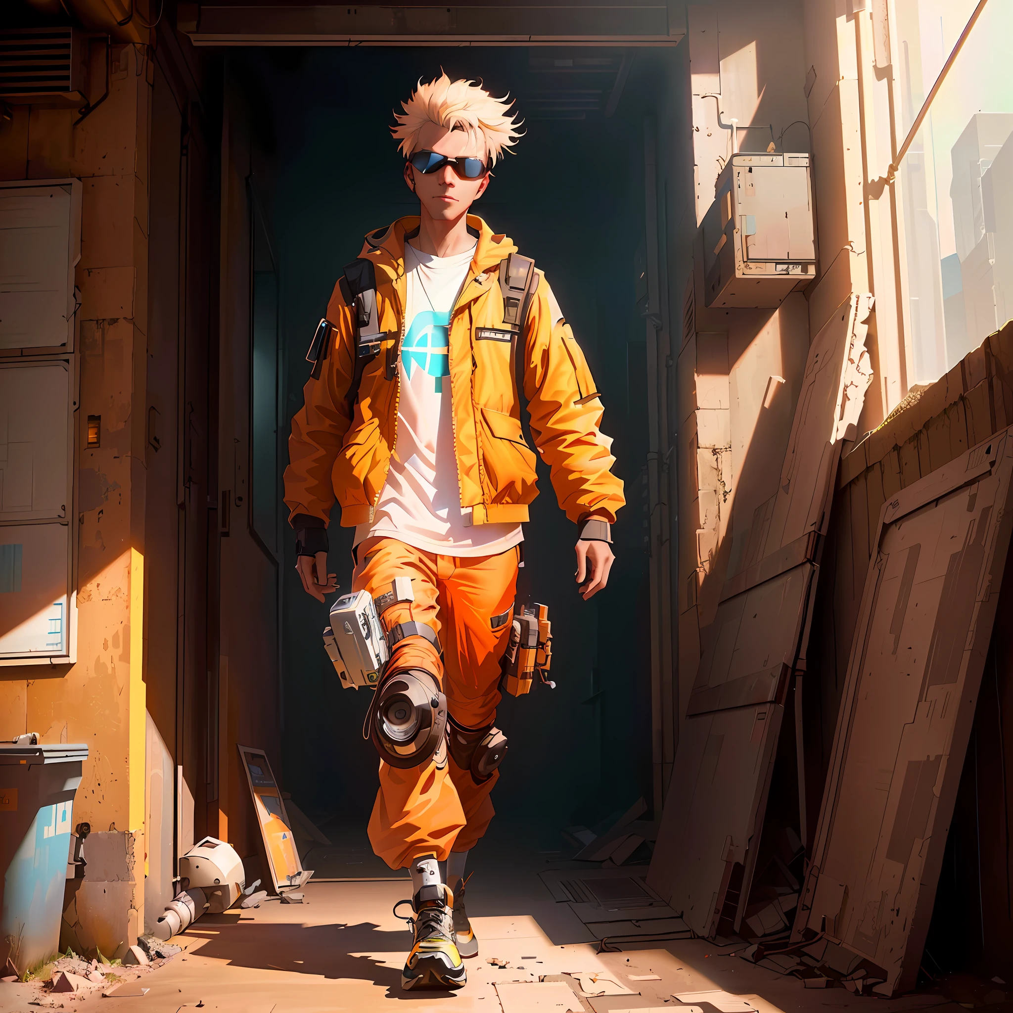 there is a man walking down a hallway with a camera, beeple and mike winkelmann, wearing cyberpunk streetwear, alexey egorov, cyberpunk streetwear, cinematic beeple, worksafe.cgsociety, worksafe. cgsociety, in cyberpunk style, in cyber punk 2077, cargo pants. cyberpunk city, inspired by Mike Winkelmann