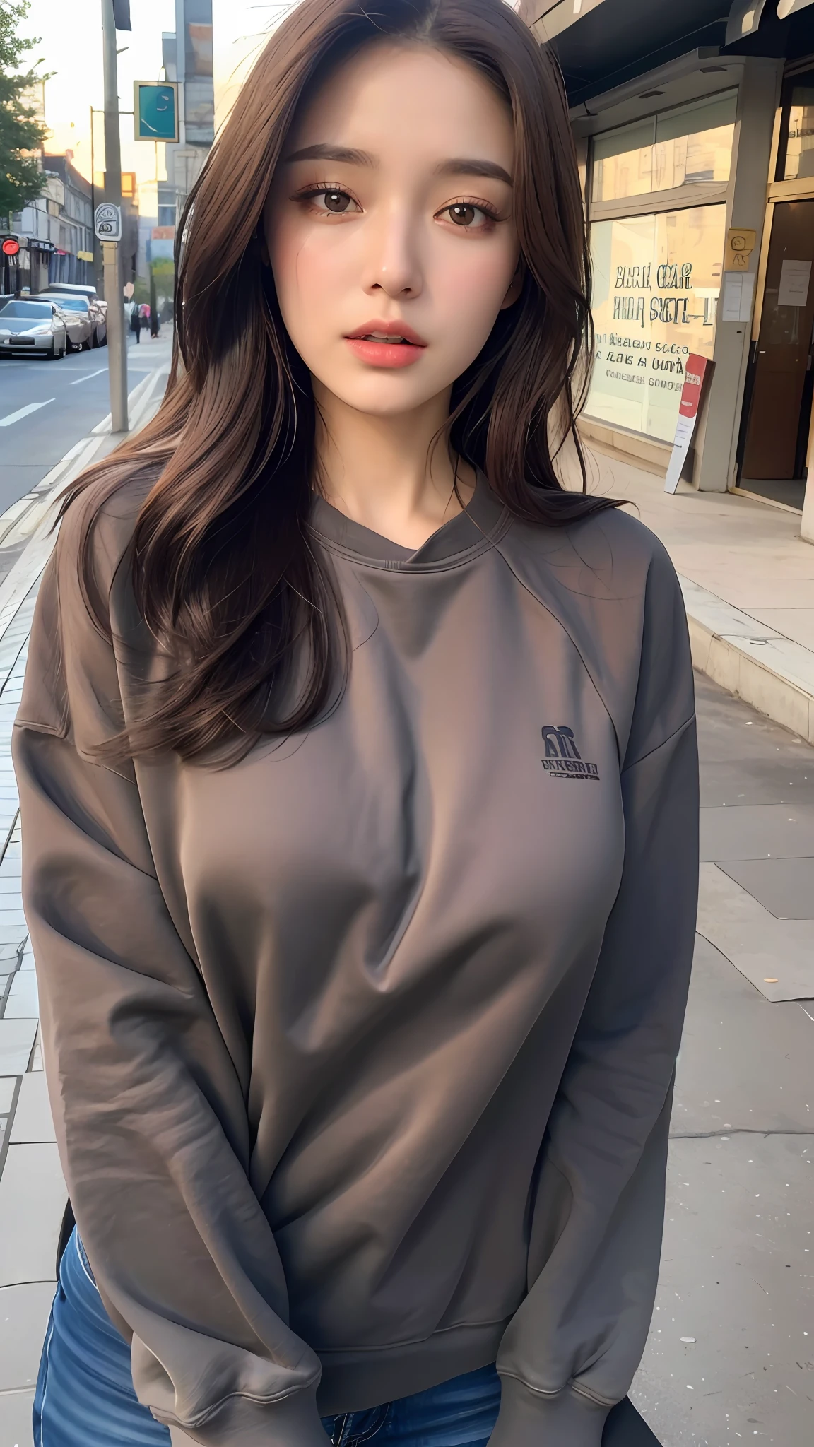 (Best quality, high resolution, masterpiece: 1.3), a beautiful woman, big breasts, slim figure, (short dark brown hair), sweatshirt, beautifully presented details in the street and facial and skin texture, detailed eyes, double eyelids, big eyes