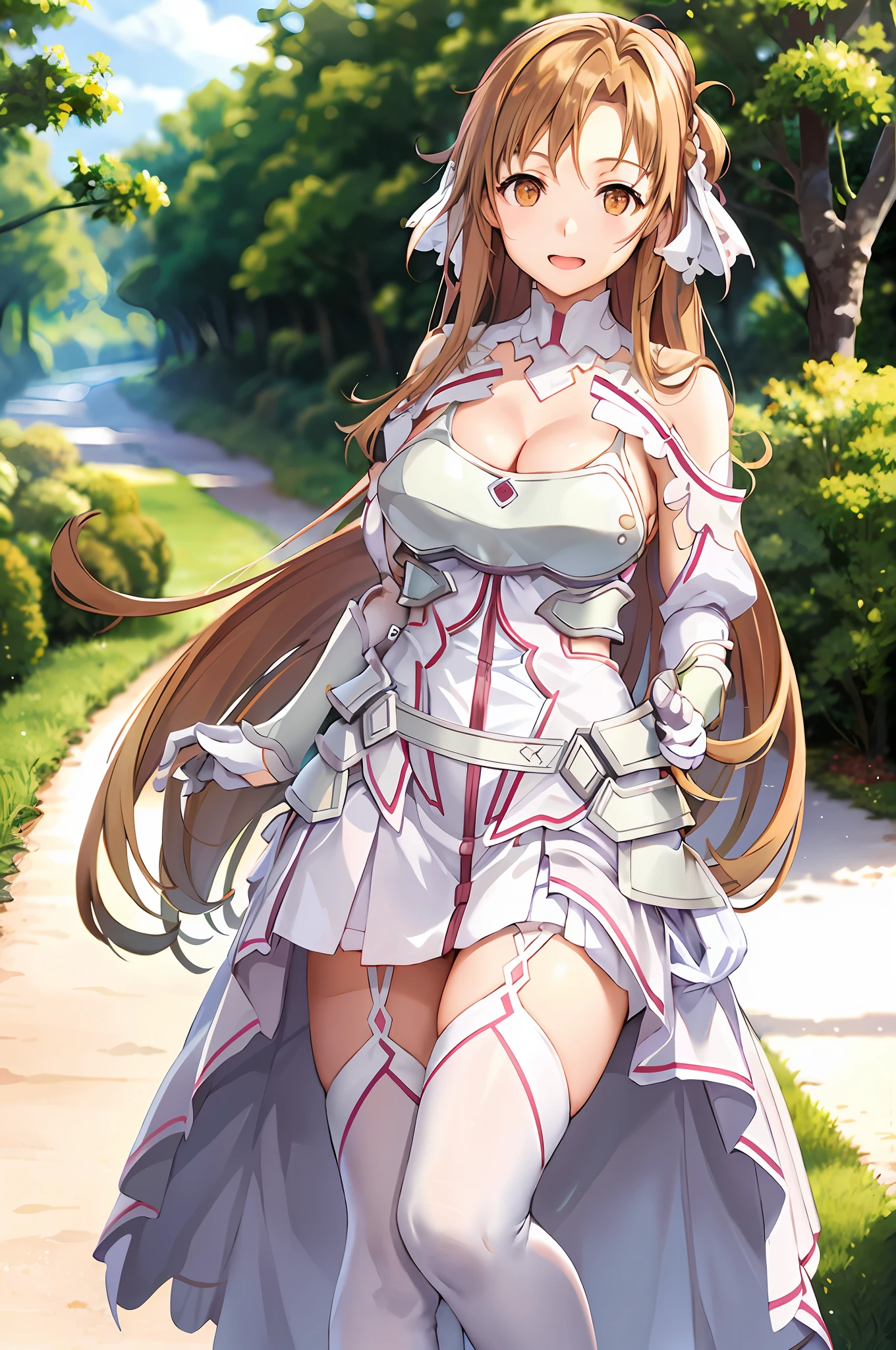stacia, asuna, asuna_\(sao\), 1girl, (sexy pose:1.2), fantasy, highres, original, realistic, expressive eyes, (excite), scenery, close_up, upper_body, (standing on a grass), smiling, solo, (potruding nipple:1.2), long hair, (huge breasts:1.0), looking at viewer, smile, open mouth, bangs ,detailed eyes, beautiful background, (on the forrest), hands on the chest, orange hair, thighhighs, gloves, dress, (cleavage:1.4), (grab tits:1.6), bare shoulders, brown eyes, very long hair, (full body:1.5), white gloves, white dress, (open chest:1.5), armor, white thighhighs, garter straps, breeze, white armor, abec