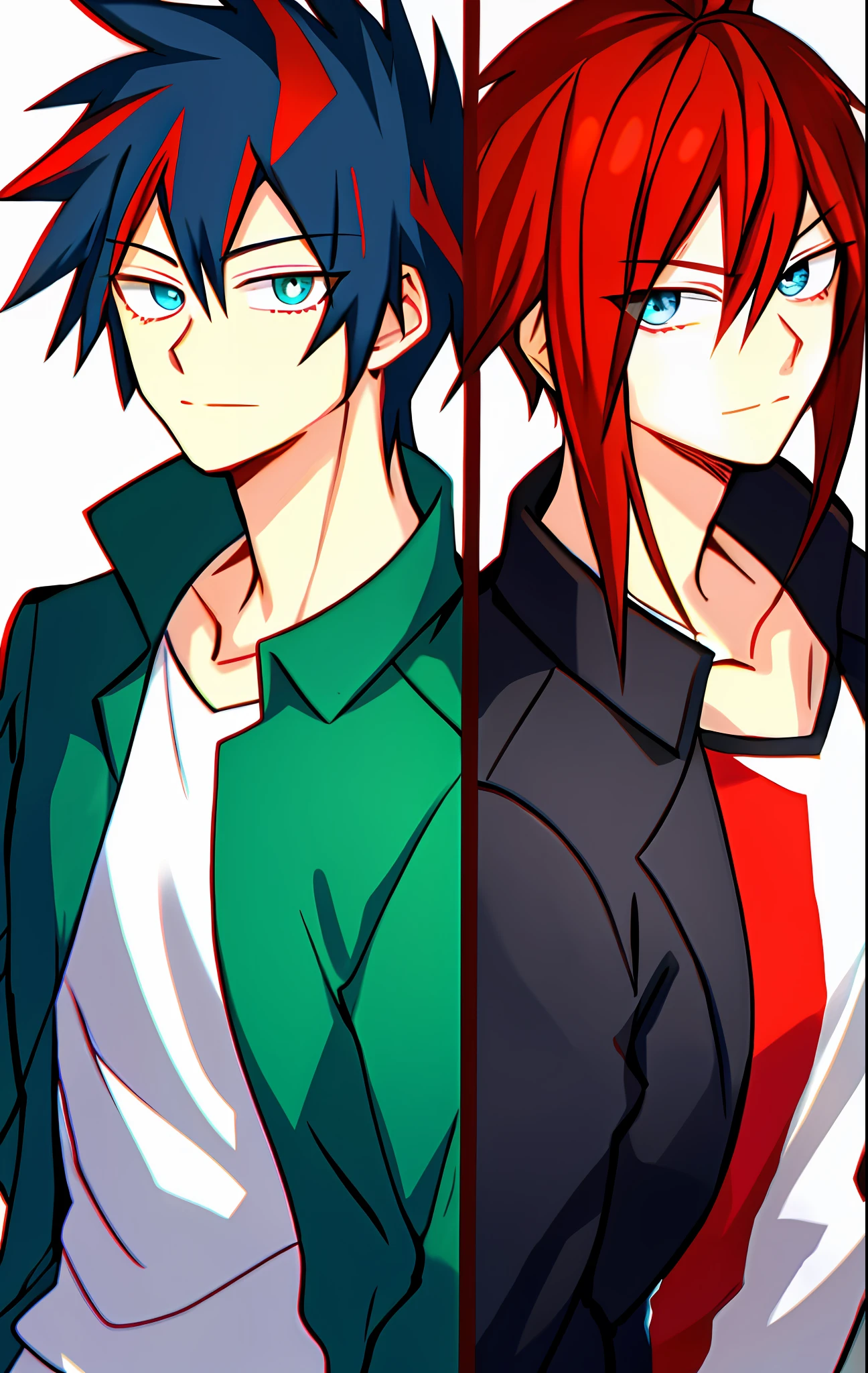 My Hero Academia art style, 1male, turquoise eyes, Red Hair, Black Jacket, Best Quality, Thin Lines, Two Brothers
