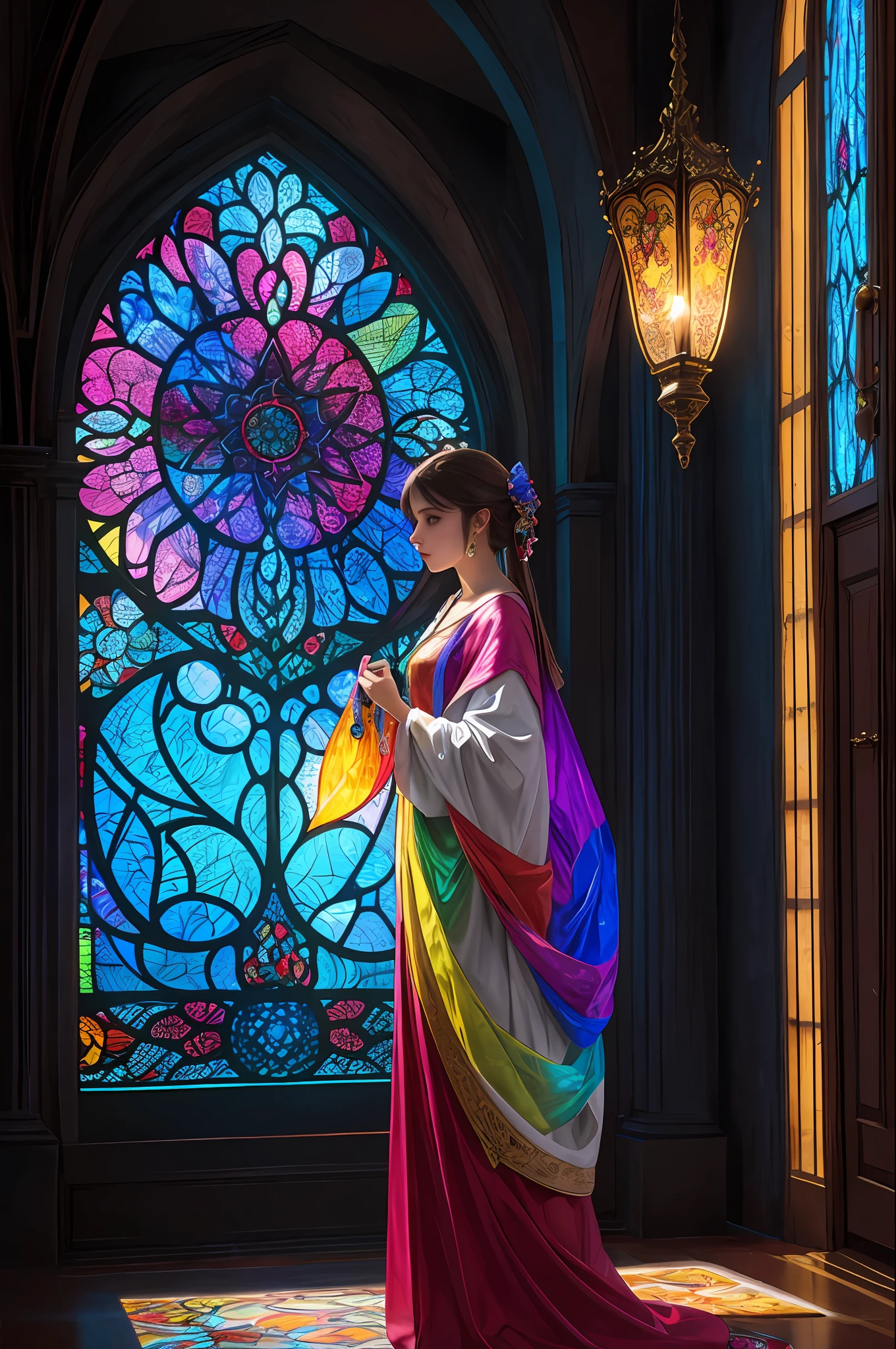 (Masterpiece, Best Quality, Best Quality, Official Art, Beautiful and Aesthetic: 1.2), (1girl: 1.3), 1girl BREAK stained glass art, colored glass, lead line, light transmittance BREAK Vivid colors, intricate design, luminous effect, spiritual atmosphere,