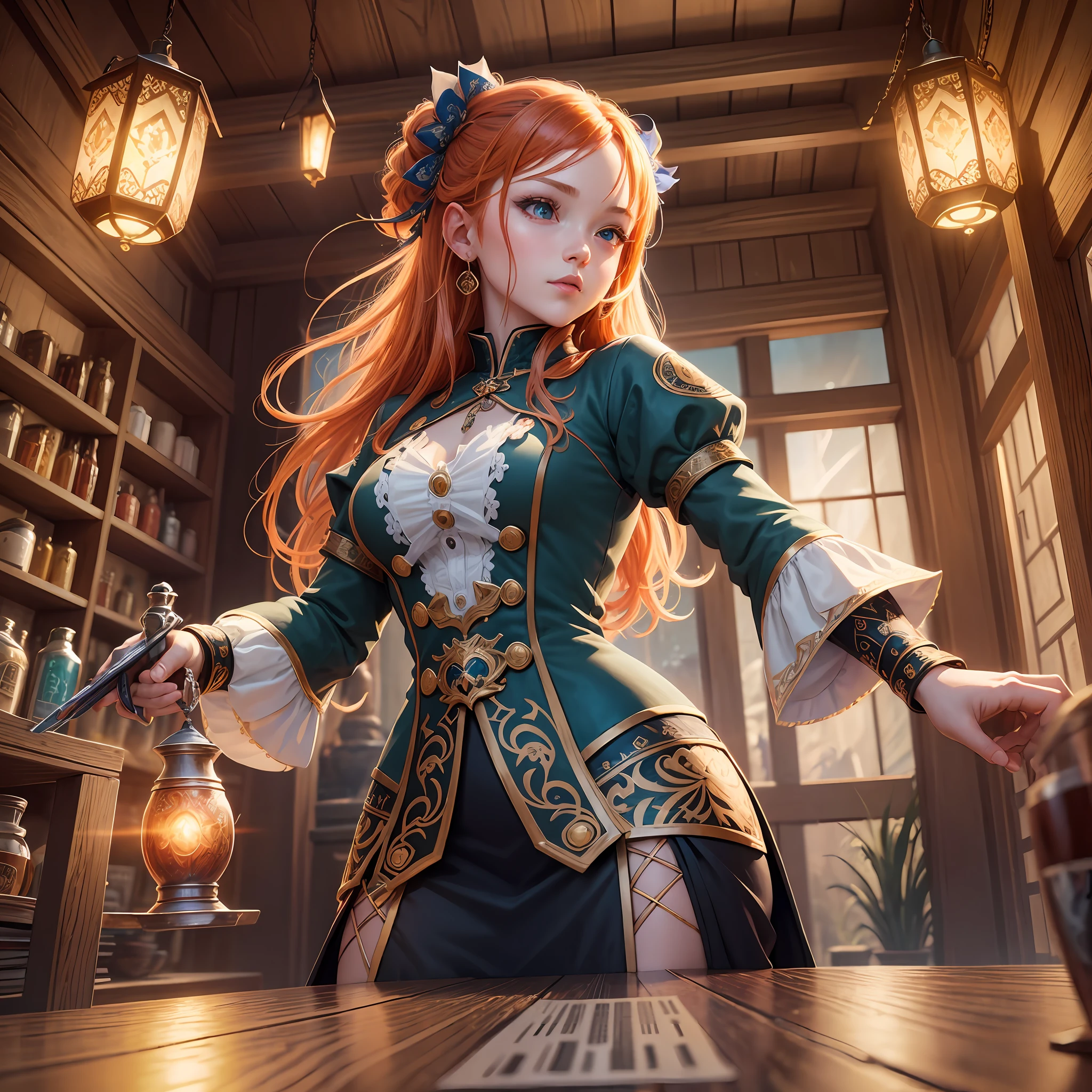ultra cute ginger chibi woman, medieval tale tavern, intricately detailed colorful interior, detailed intense sunrise lightning, deep stage, best geometry, award wining masterpiece, ultra intricate shadows and lighting, best lighting, best shadows, intricate busy setting, ultra detailed intricate background, trending on art station, global illumination, selfilluminated, bioluminescence, midjorney style, art by Fyodor Rokotov