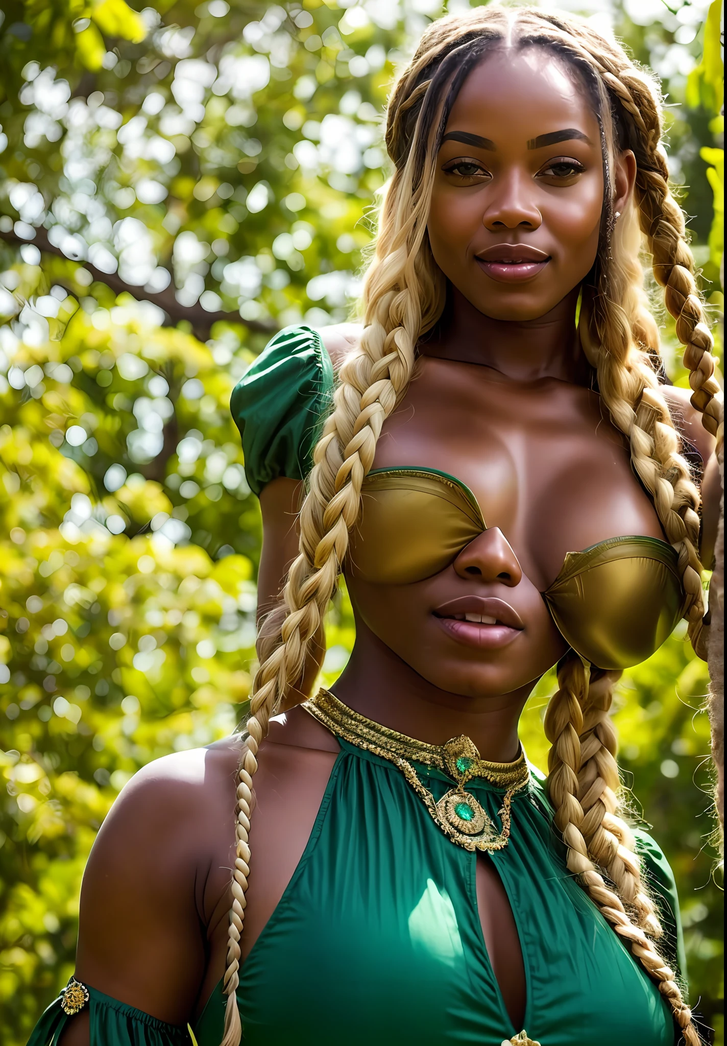 Eilleure quality, masterpiece, upper body, (adult:1.6) West Indian woman, (smirk:0.4), braided blond hair, emerald eyes, medieval summer dress, floating light particles, centered