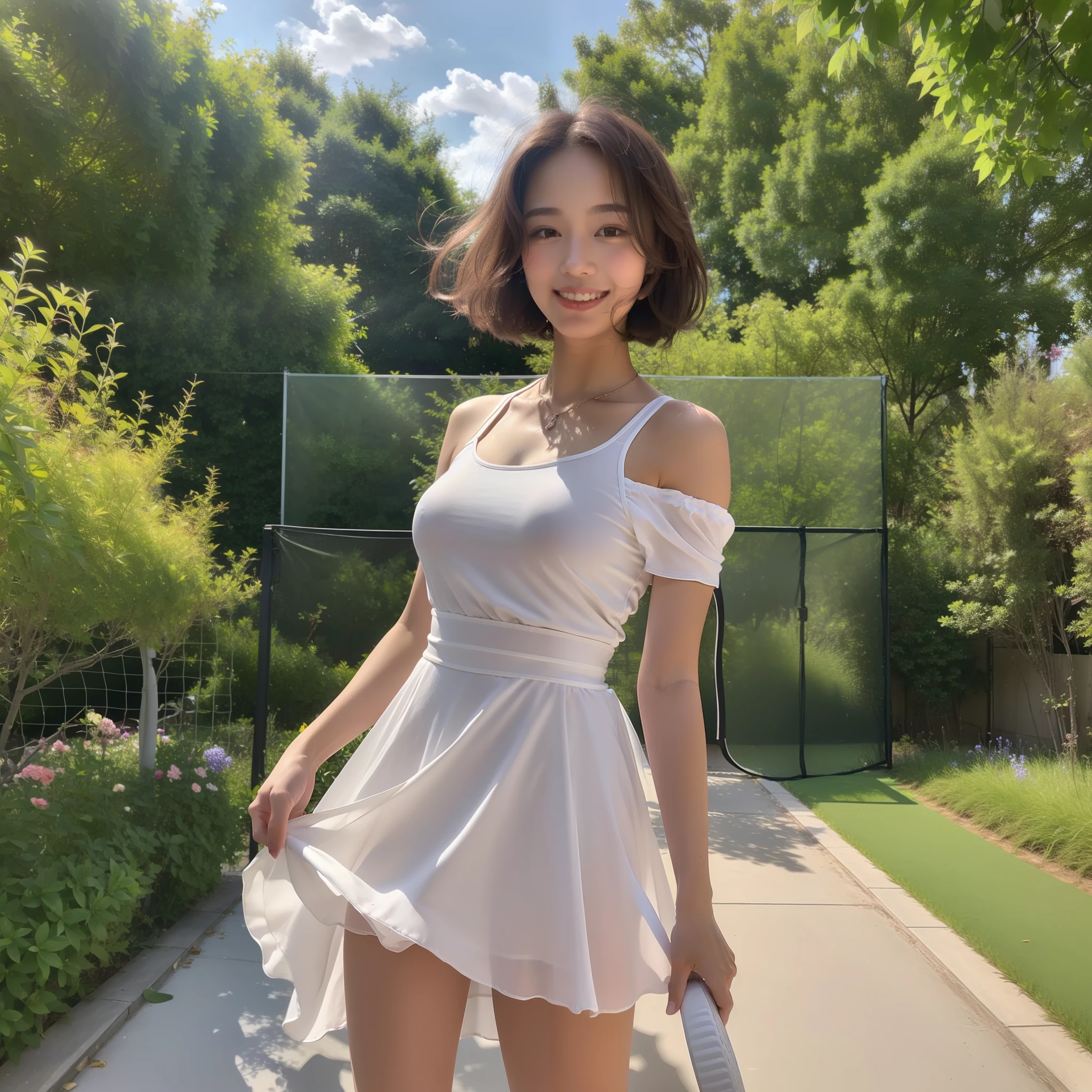 (8k, ultra high res, best quality, masterpiece:1.1), (realistic, photo-realistic:1.1), ultra-detailed, bloom, bokeh, cinematic lighting, light glow, 1girl, Japanese girl, (athlete:1.1), beautiful detailed eyes, beautiful detailed teeth, smile, (full body:1.1), slim, small breasts, brown bob hairstyle, forehead, oval-shaped face, almond-shaped eyes, straight nose, shallow philtrum, peach thin lips, tennis, white tennis dress, tennis court