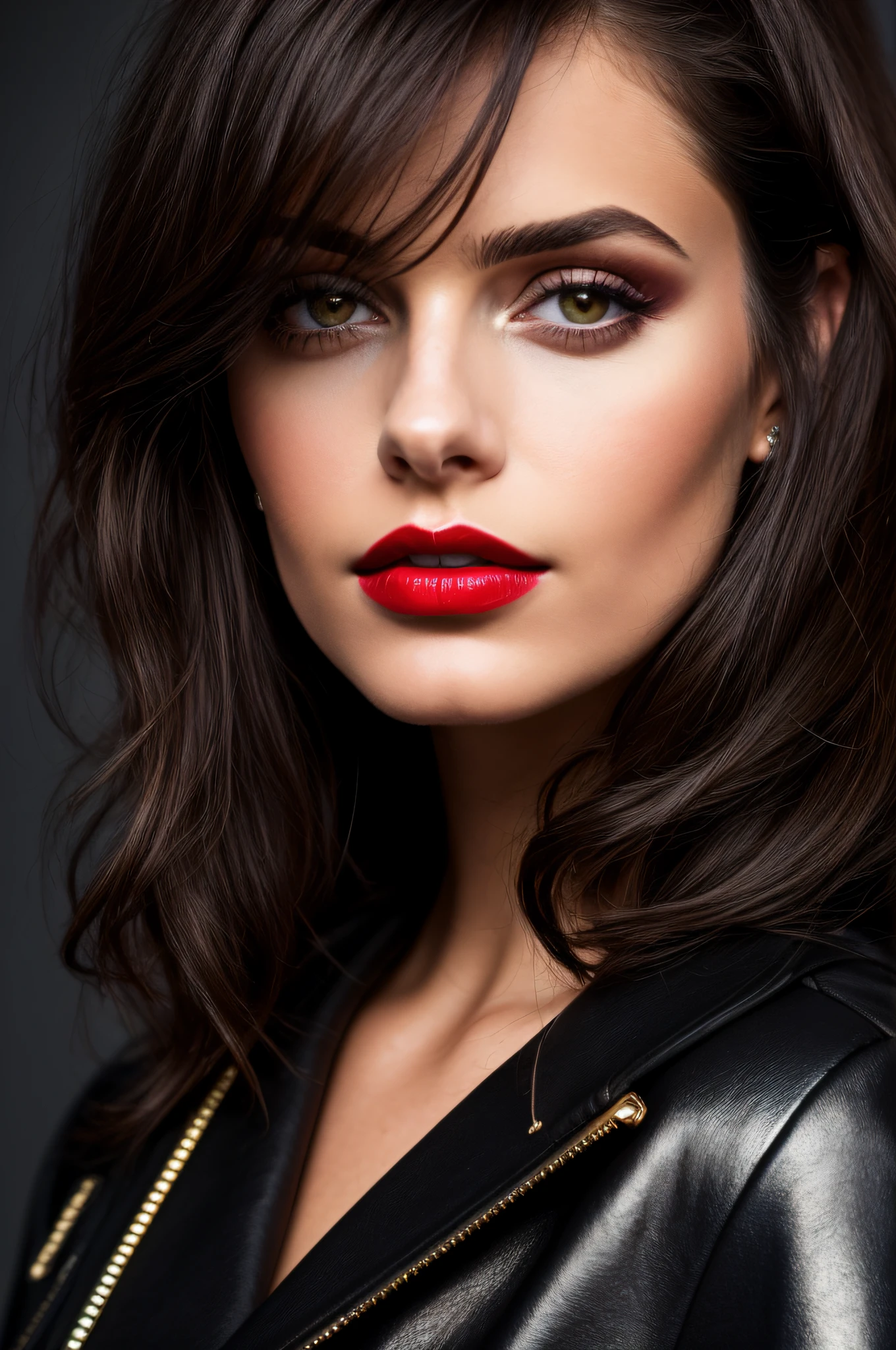 Dark and gloomy, 8k, a close-up photo of a brunette woman dark background at night, hair below shoulder, dark brown hair, makeup, red lips, black jacket, gold jewelry, staring at the viewer, hyper realistic, [closeup] {a girl with extremely beautiful olive skin} {{{masterpiece}}}