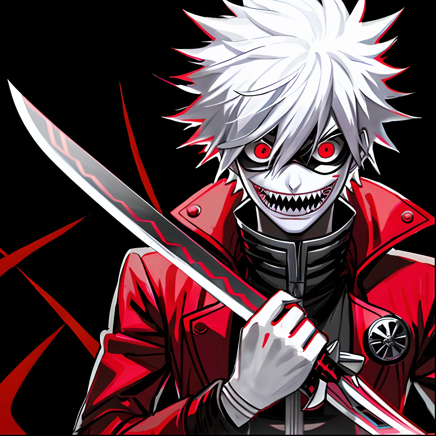 anime character with white hair holding a sword and a red jacket, ken kaneki, kaneki ken, trigger anime artstyle, joker looks like naruto, digital art from danganronpa, badass anime 8 k, joker as naruto, portrait gapmoe yandere grimdark, high quality anime artstyle, anime wallaper, gapmoe yandere grimdark