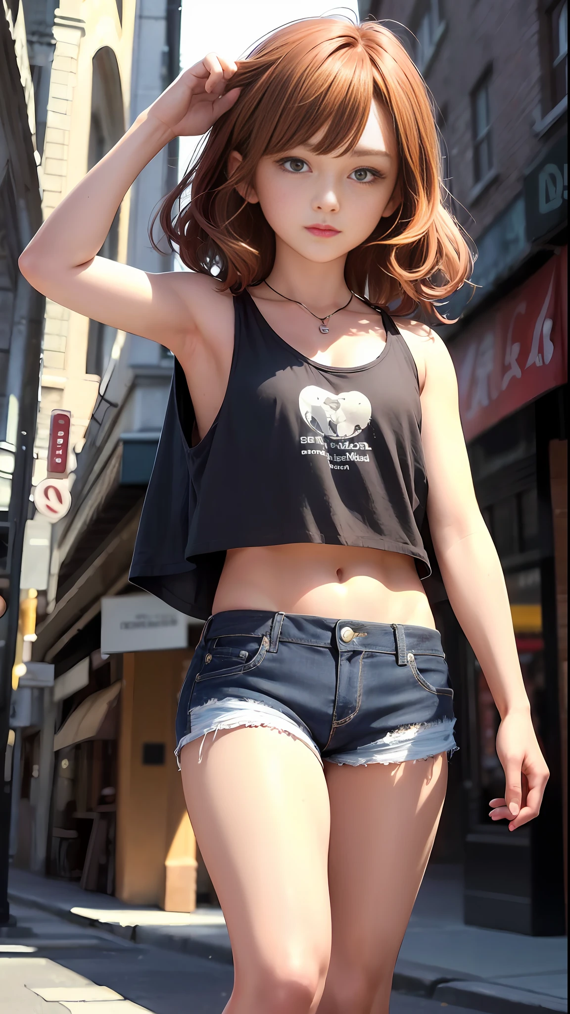 ((medium chest, girls 20 years, small head)), (chiselled abdomen: 1.1), (perfect body: 1.1), (short wavy hair: 1.2), red hair, collar, chain, full body photo, busy street, wearing black tank top, denim jacket, ((shorts)), (extremely detailed CG 8k wallpaper), (an extremely delicate and beautiful masterpiece), (best quality: 1.0), (high resolution: 1.0), beautiful lighting, perfect lighting,  Realistic shadows, [Highres], Detailed skin, ultra-detailed (((color)))