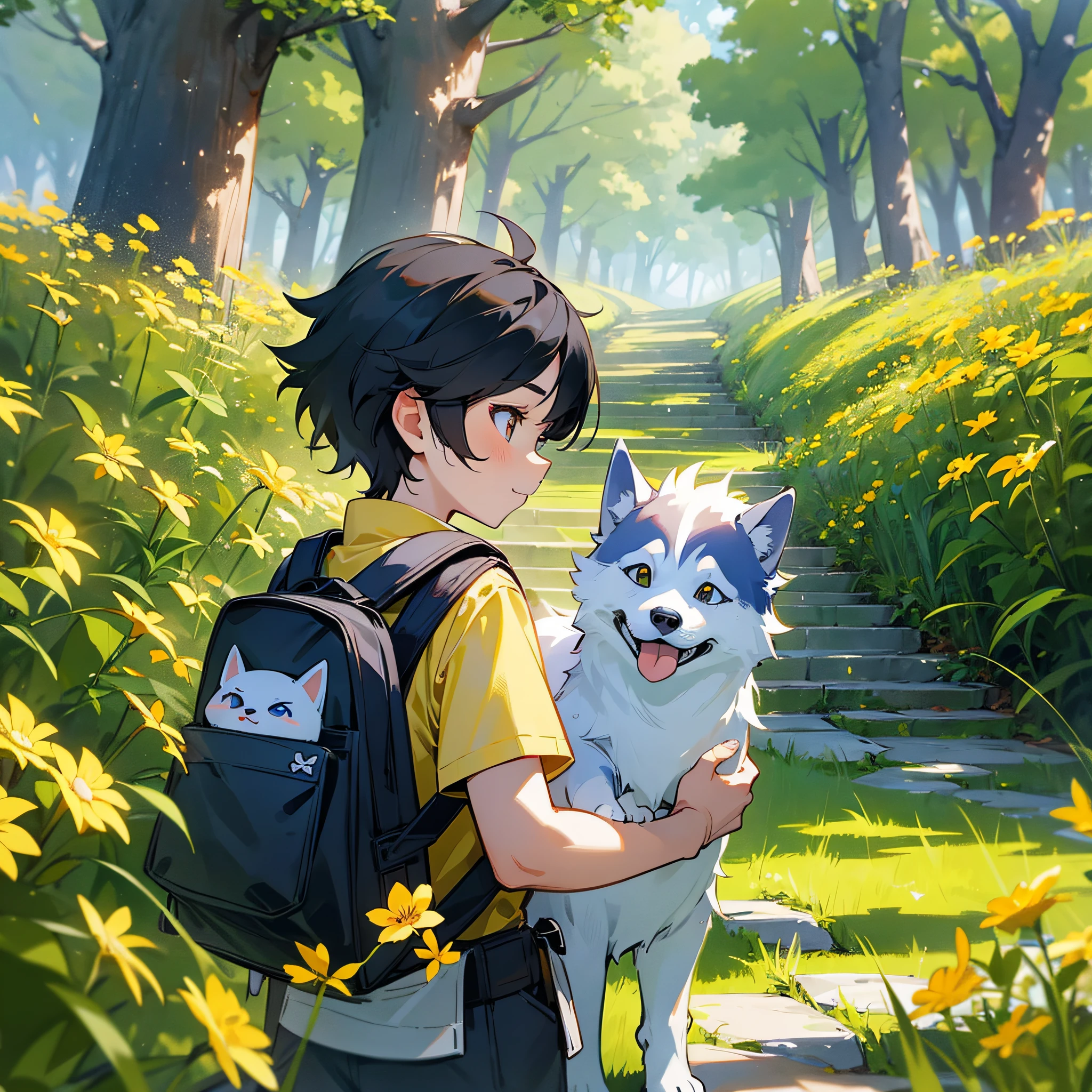 A very charming little boy with a backpack and her cute puppy (husky) enjoying a lovely spring outing surrounded by beautiful yellow flowers and nature. 4K resolution, HD, illustrations, very detailed, facial features, cartoons, visual effects. --auto --s2