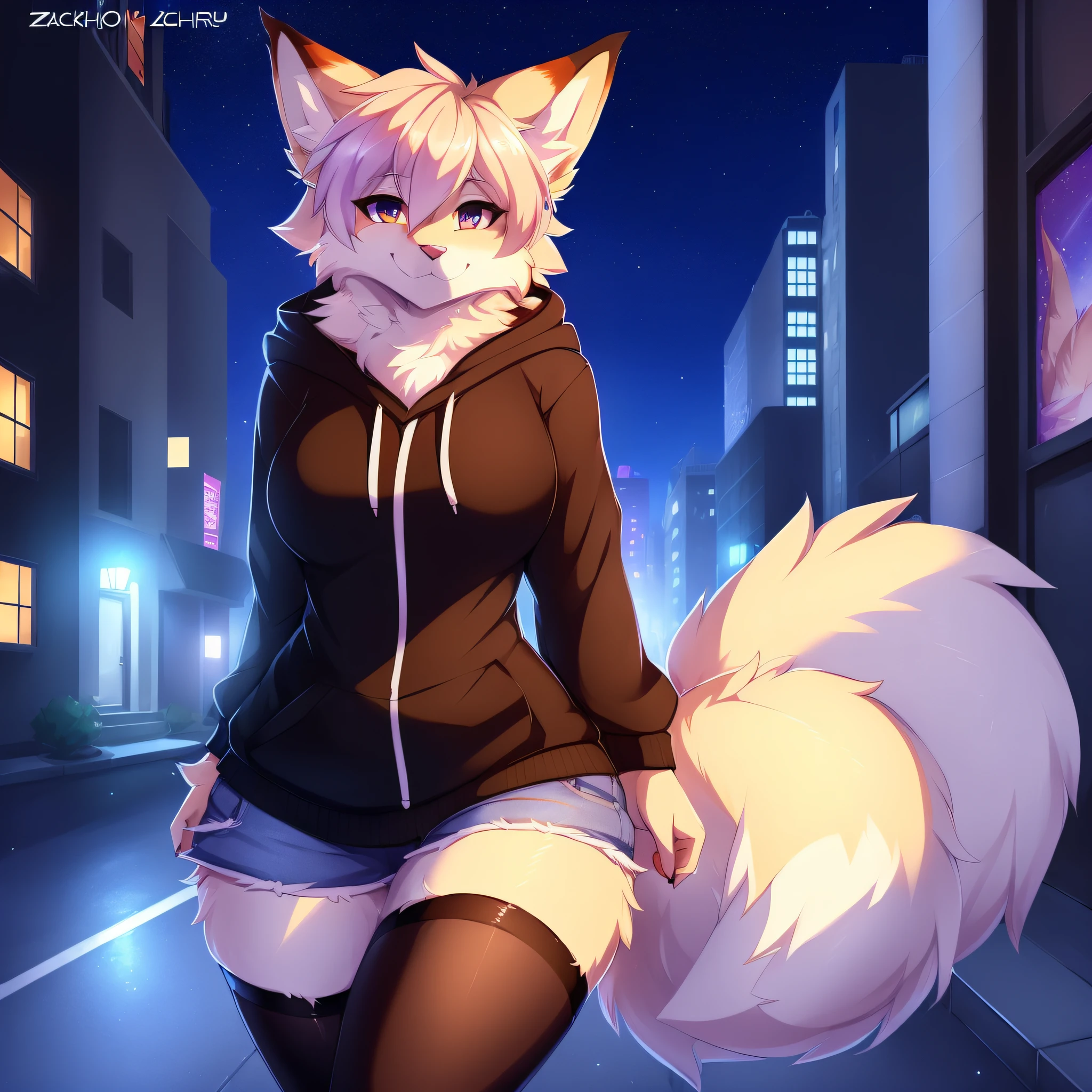 by zackary911, (coffeesoda:1.1), hioshiru, zackary911, (masterpiece, best quality: 1.3), explicit content, uploaded on e621, (extremely detailed:1.6), (furry body), (mature female:1.5), (anthro furry:1.5), (snout:1.2), (anthro:1.5), (furry:1.5), (fullbody:1.2), (female:1.2), (anime:1.1), (random mammal:1.2), (random fur color:1.2), (random iris color:1.2), (kind expression), (smiling), (one big fluffy tail), (clear, shiny:0.9), (slim waist), (thick thighs), (wide hips), city street, side walk, night time, moon lighting, street lighting, showcasing best-in-class illumination, shadow and saturation effects, oversized hoodie, jorts, thigh highs, solo, 1girl, (furry body), (a lot of fur:1.6), (sharp:1.2),