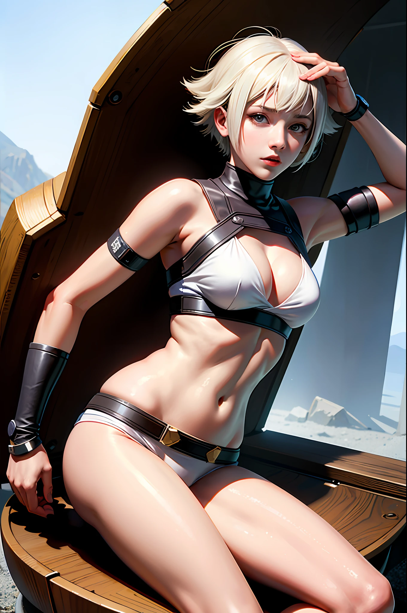 (masterpiece), (best quality), realistic, cinematic light, Hinata from Naruto, cool pose, battlefield background, perfect body, white eyes, white bobcut hair