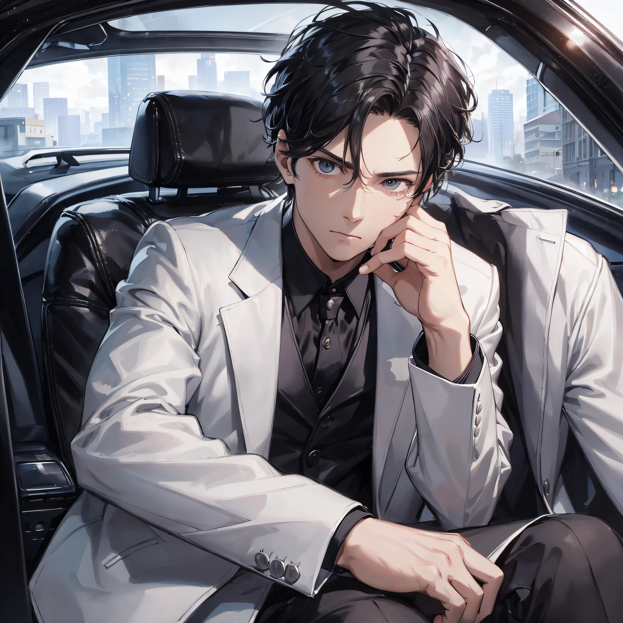 Absurd resolution, high resolution, (masterpiece: 1.4), hyperdetail, 1boy, face focus, night, mature man, successful person, black suit, jacket, white shirt, serious and cold expression, sitting in a luxury car (1.3)