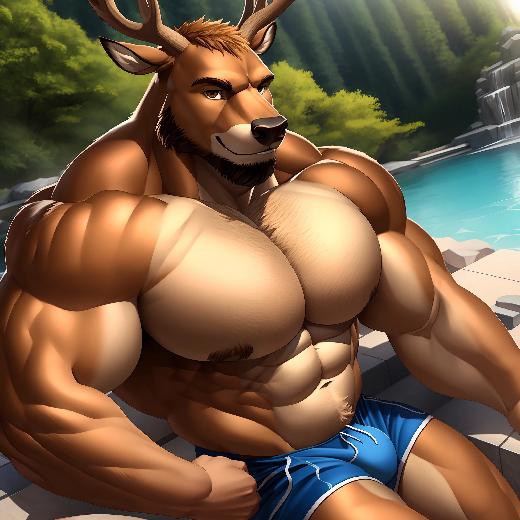 muscular old man soak in the onsen, shorts, furry, an anthro (brown deer), an anthto, bearded, happy expression, detailed face, face, detailed eyes, eyes, really big muscle, bigger muscle, very big muscular, over sized muscle, biggest muscle, big pec muscular, biggest pec muscle, detailed muscle, realistic rendering, CG realistic, 3d realistic, photography, background