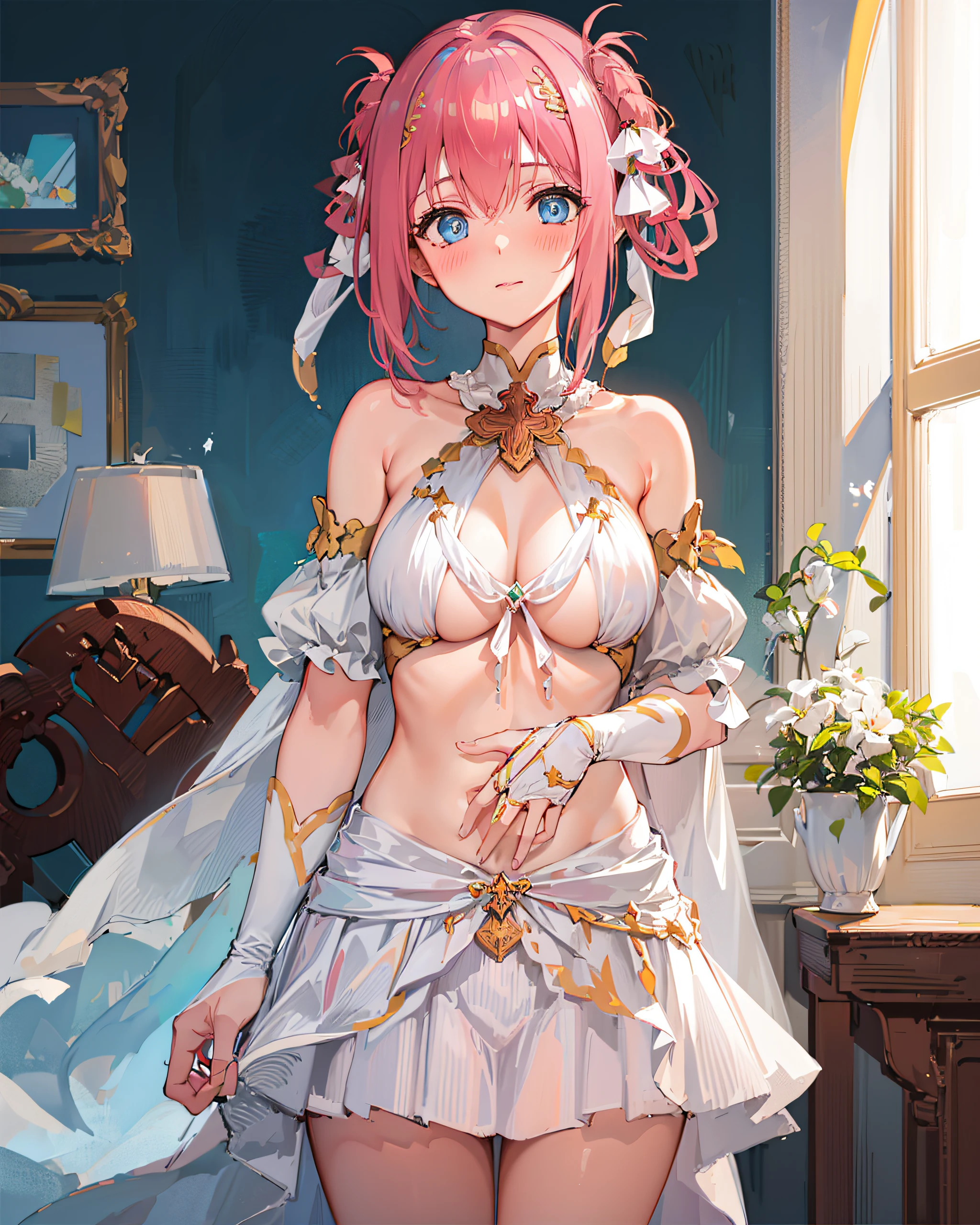 1girl, yuicere,large breasts, midriff,white_skirt,standing,indoors,cowboy shot,bedroom,  blush,hand on own chest,