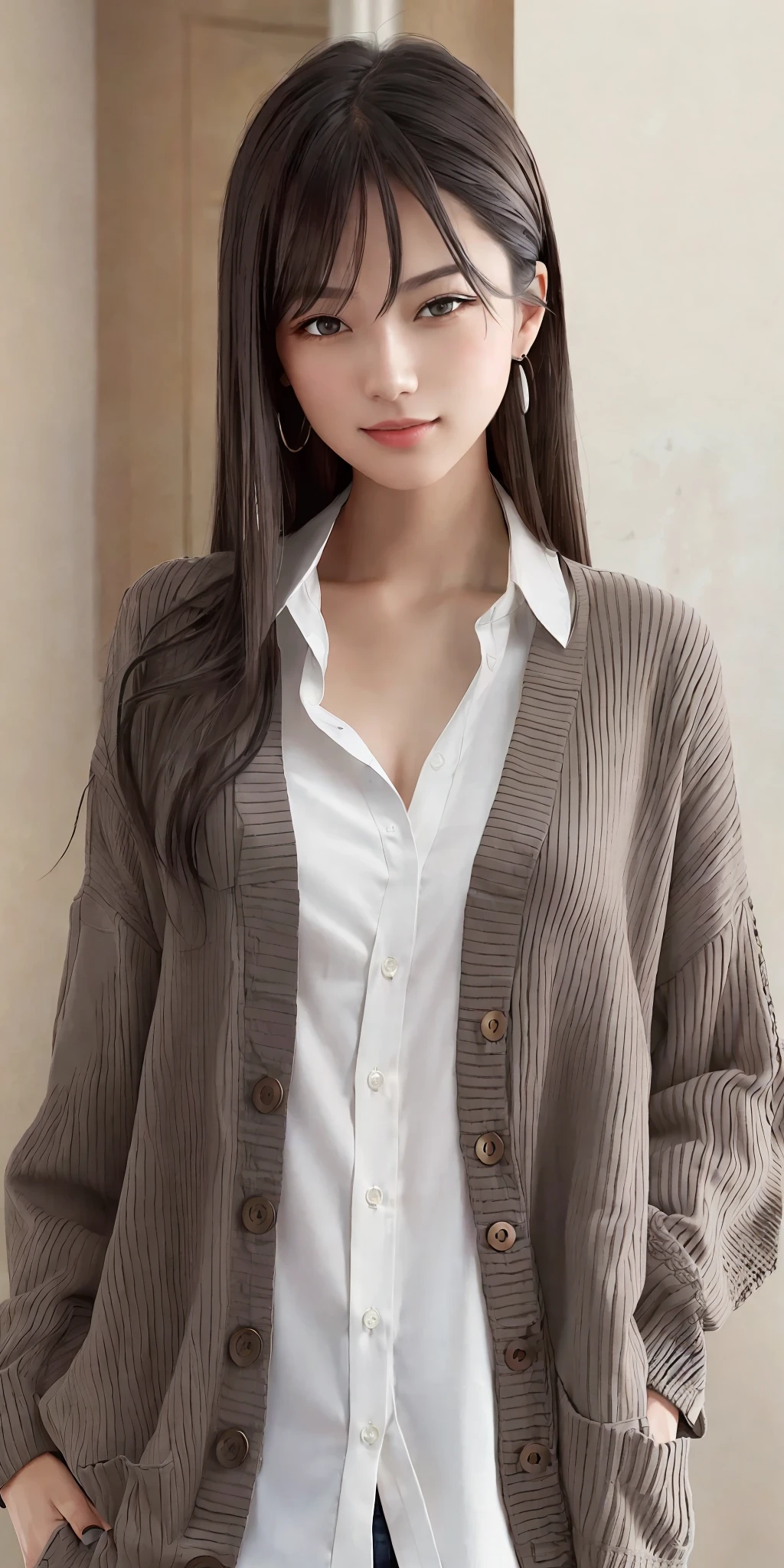 1girl, at home, brown eyes, black hair, (extremely detailed CG unity 8k wallpaper), (masterpiece), (best quality), (ultra-detailed), (best illustration), (best shadow), ultra-high res, (fidelity: 1.4), (( Very oversized shirt, button-down shirt, cardigan shirt)), (men's shirt), no bra, collarbone, no panties, (small chest: 1.2), small, (light silver hair: 1.2), looking at the audience, light smile, upper body, makeup
