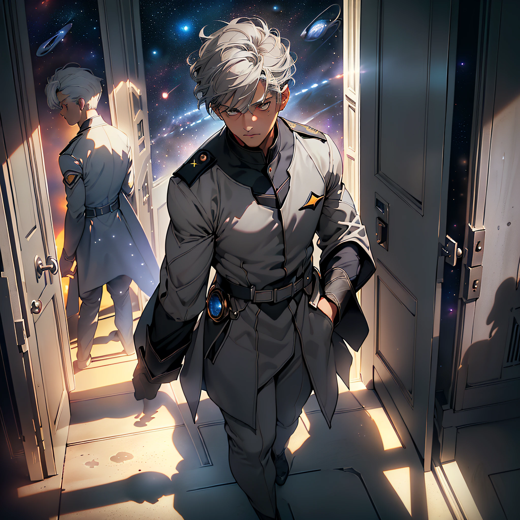 ((Beautiful picture)), ((High quality), ((Detailed lens)), ((Dynamic angle)), ((Male)), ((Gray hair: 0.8) (Dark hair)), ((Uniform costume)), ((Standing in the doorway)), ((Moderate lighting)), ((Deep Space Background)), ((Breeze blowing sleeves)), (((Lens focusing subject)), ((Gentle breath), ((Unique light and shadow)).