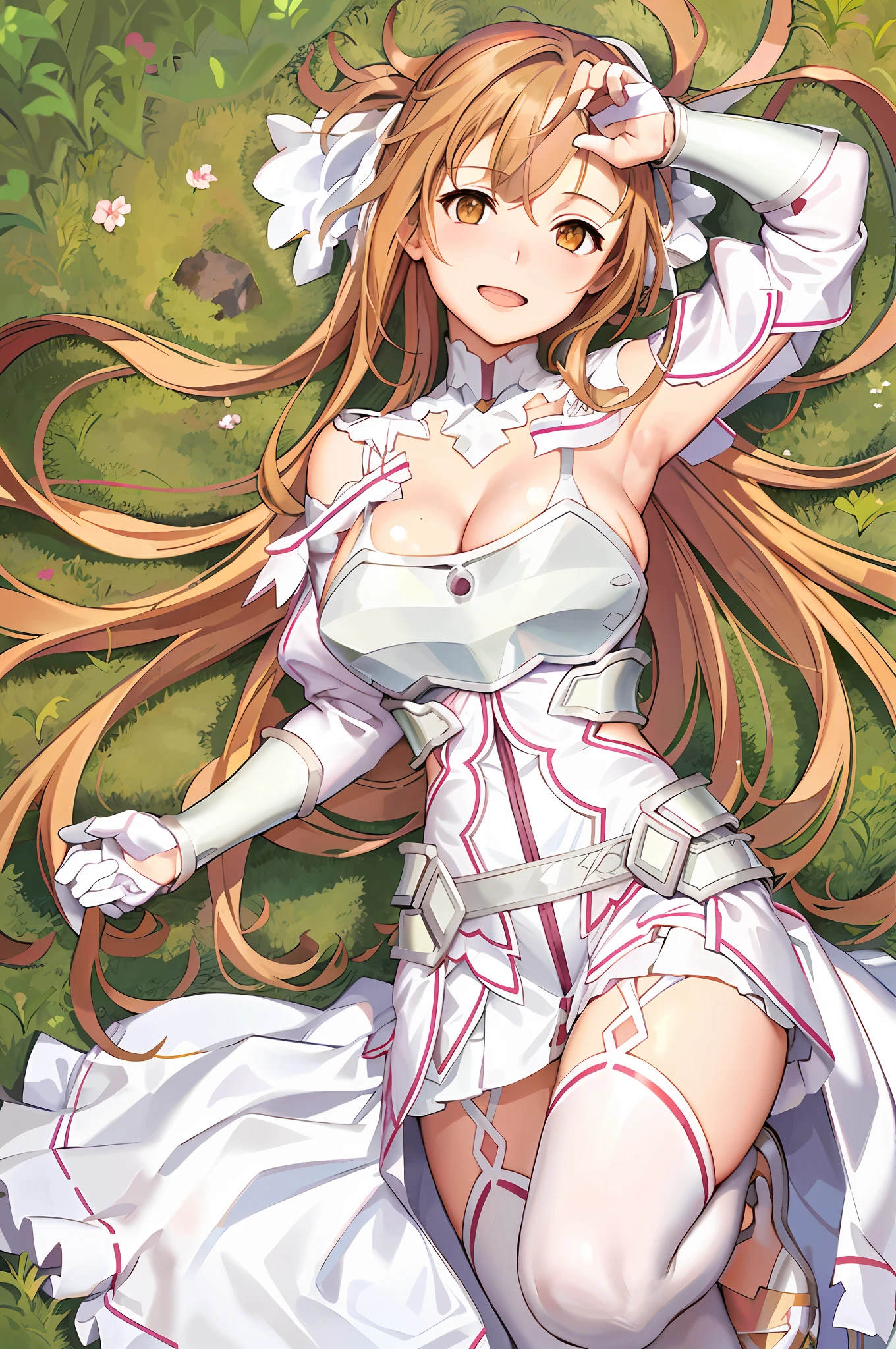 stacia, asuna, asuna_\(sao\), 1girl, (sexy pose:1.2), fantasy, highres, original, realistic, expressive eyes, (excite), scenery, close_up, upper_body, (standing on a grass), smiling, solo, (potruding nipple:1.2), long hair, (huge breasts:1.0), looking at viewer, smile, open mouth, bangs ,detailed eyes, beautiful background, (on the forrest), hands on the chest, orange hair, thighhighs, gloves, dress, (cleavage:1.4), (grab tits:1.6), bare shoulders, brown eyes, very long hair, (full body:1.5), white gloves, white dress, (open chest:1.5), armor, white thighhighs, garter straps, breeze, white armor, abec