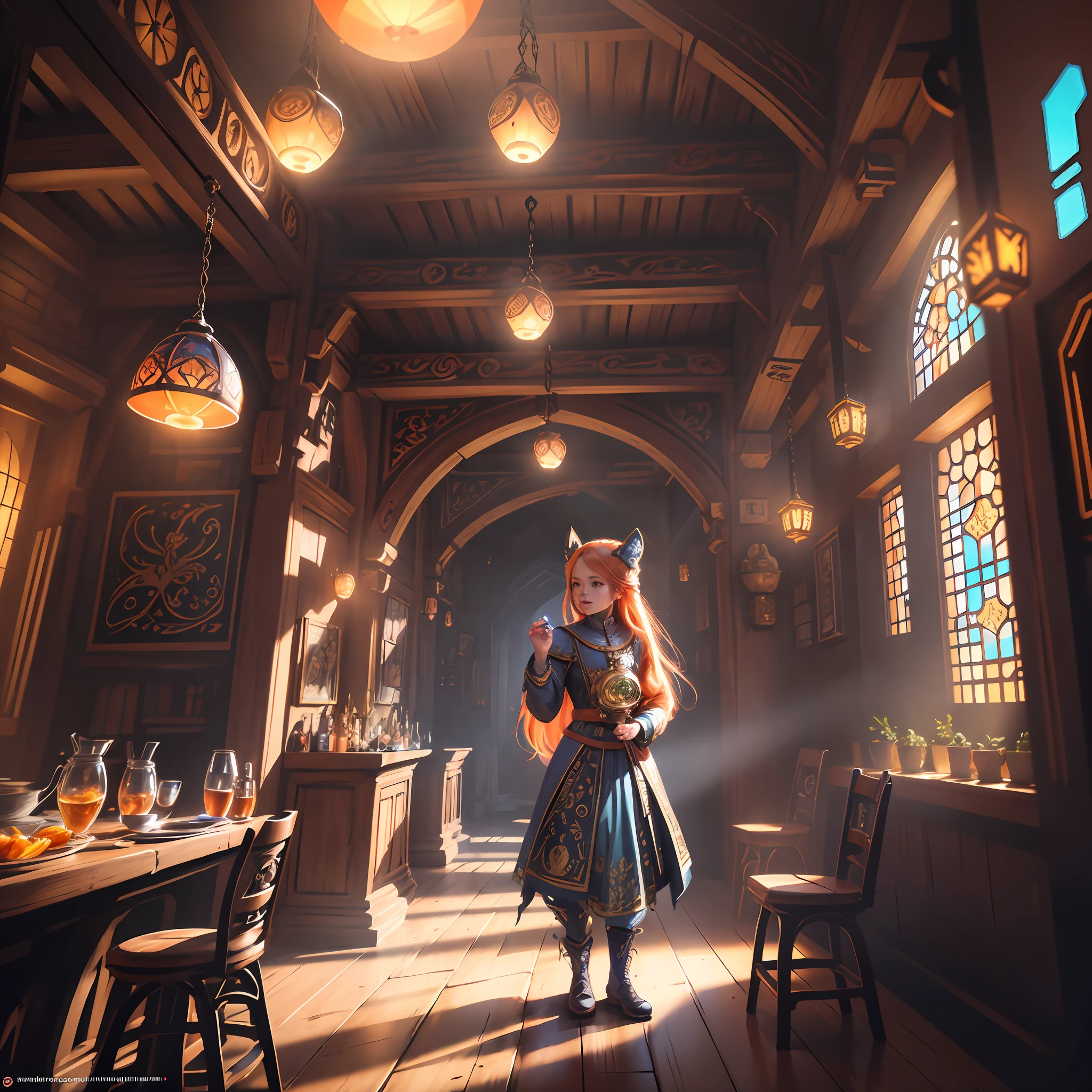 ultra cute ginger chibi woman, medieval tale tavern, intricately detailed colorful interior, detailed intense sunrise lightning, deep stage, best geometry, award wining masterpiece, ultra intricate shadows and lighting, best lighting, best shadows, intricate busy setting, ultra detailed intricate background, trending on art station, global illumination, selfilluminated, bioluminescence, midjorney style, art by Fyodor Rokotov