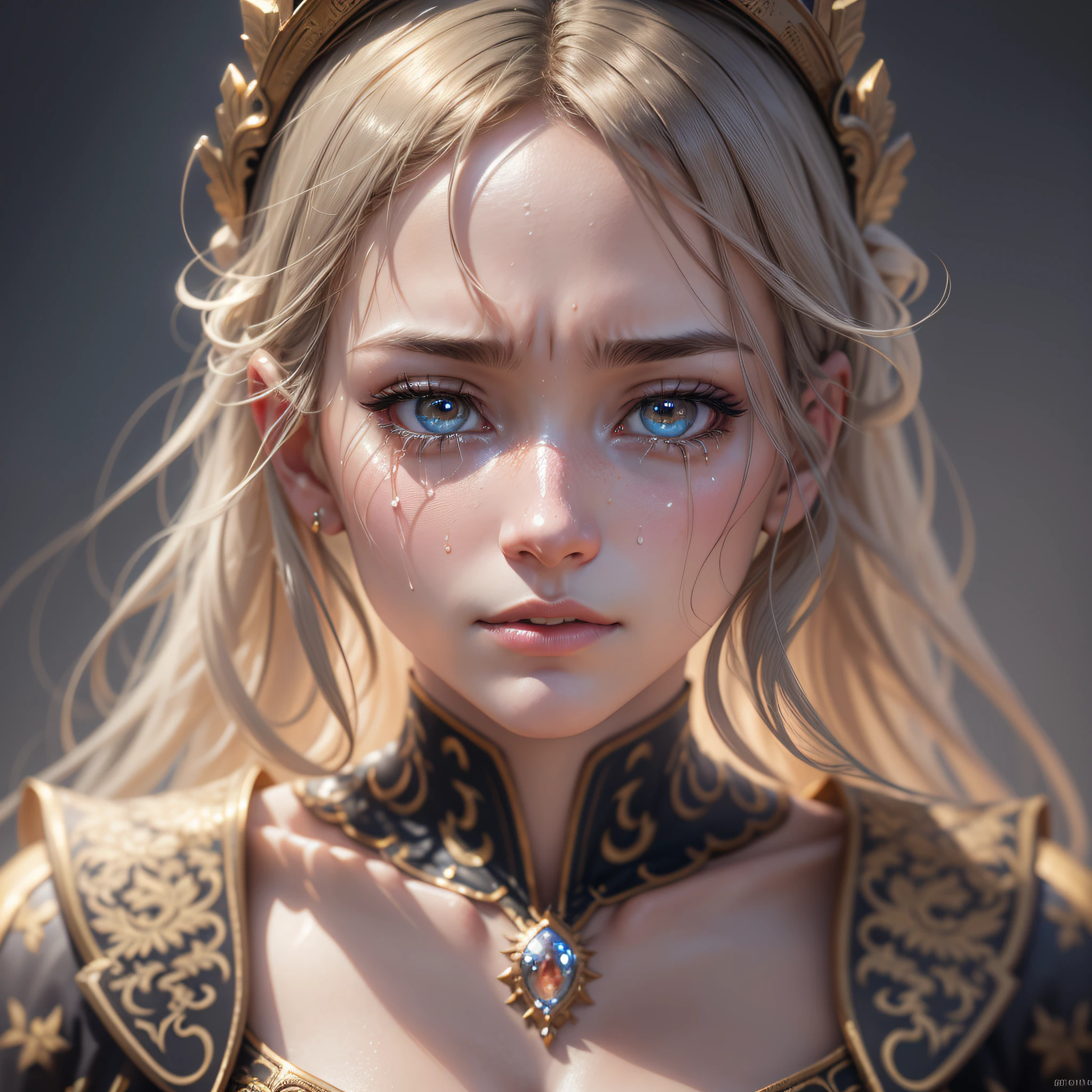 portrait. Crying Eyes. Tearful. Crying. A single tear down her cheek, crying Face of beautiful crying woman. One tear drop. Dramatic composition. (ashenhard style: 1.1), a golden halo over your head, masterpiece, best quality, intricate detail, absurd, high detail color RAW Photo, highly detailed, rough lighting, cinematic lighting, detailed eyes, distinct pupils, contrast, textured skin, cold skin pores, hard light, gigapixel, flawless face, 8k resolution, cinematic, elegant, hyperrealistic, octane render, unreal, high definition, 8k resolution, highly detailed,  8k uhd, professional lighting, photon mapping, radiosity, physics-based rendering, perfect face, award-winning photography, detailed face, backlight, ultra-realistic, ray tracing, intense look, cinematic lighting --auto --s2