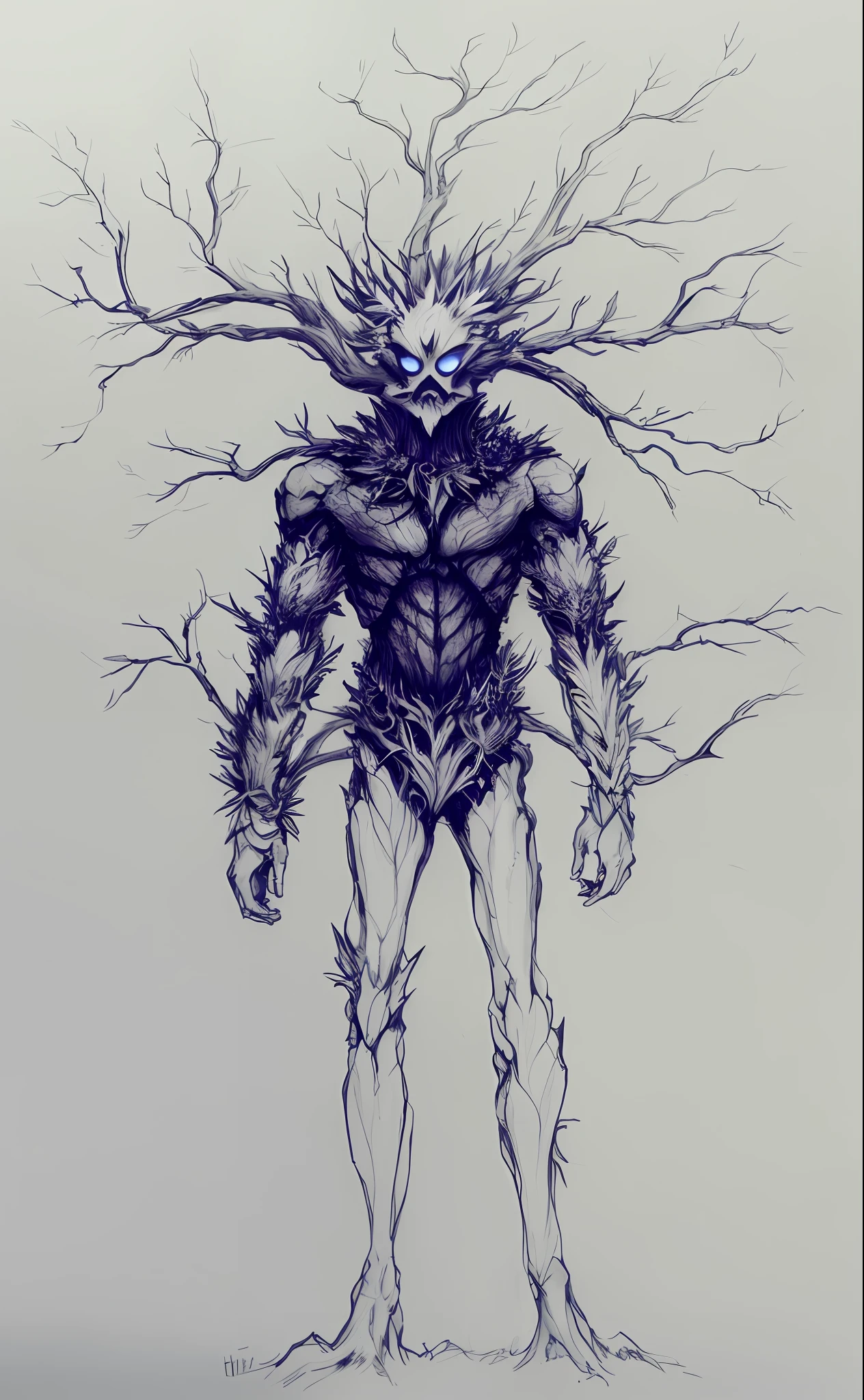 Wearing a white sad mask with a dead tree on his head, a man in a messy dead tree costume standing in front of the drawing in front of the ink and ballpoint pen, humanoid thistle monster, humanoid form, detailed full body concept, full body concept, character design humanoid, humanoid flora, detailed humanoid, flashlight. Sketch art. Roots, drawn with ballpoint pen, pen sketch, concept figure