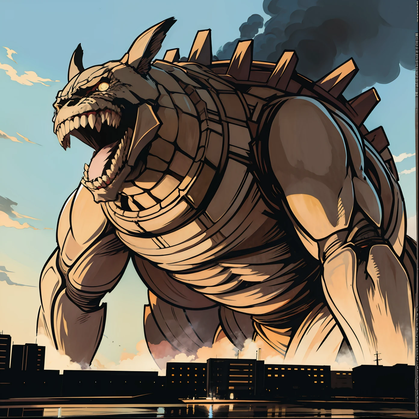 photograph of a giant monstrous anime, titan manga Attack on Titan, black background,